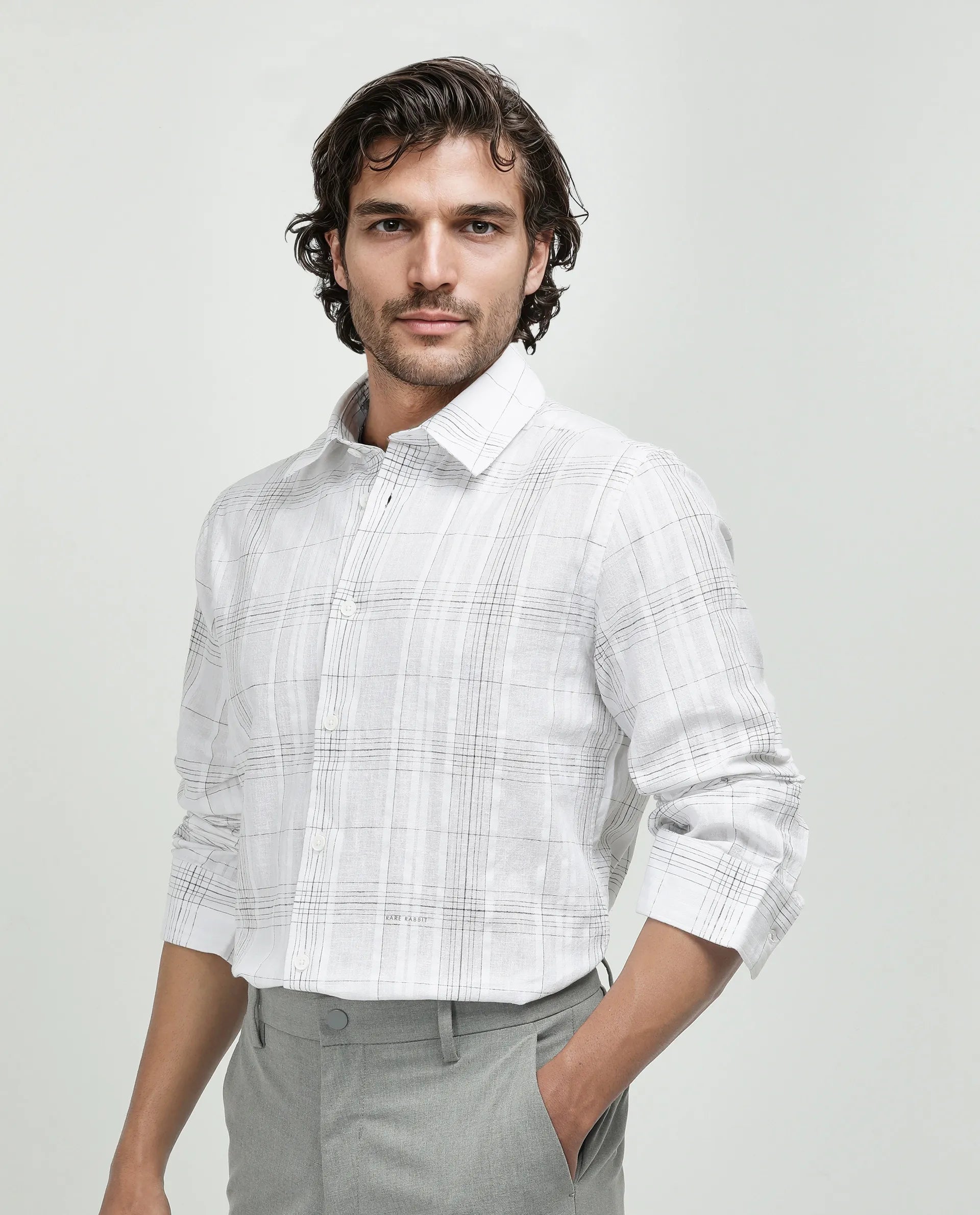 Rare Rabbit Men's Cols White Cotton Fabric Full Sleeve Spread Collar Button Closure Checked Shirt