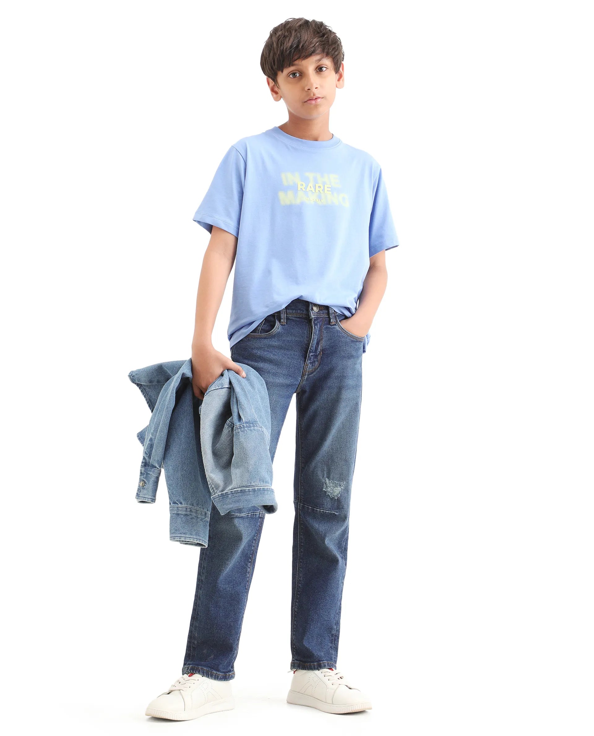 Rare Ones Kids Colt Blue Cotton Blend Button And Zipper Closure Plain Regular Fit Jeans