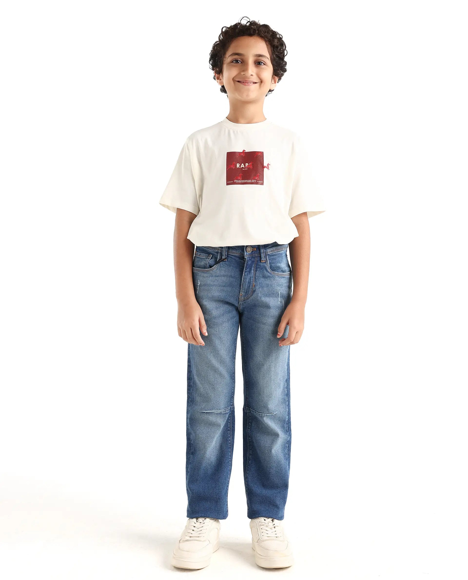Rare Ones Kids Colt Light Blue Cotton Blend Button And Zipper Closure Plain Regular Fit Jeans