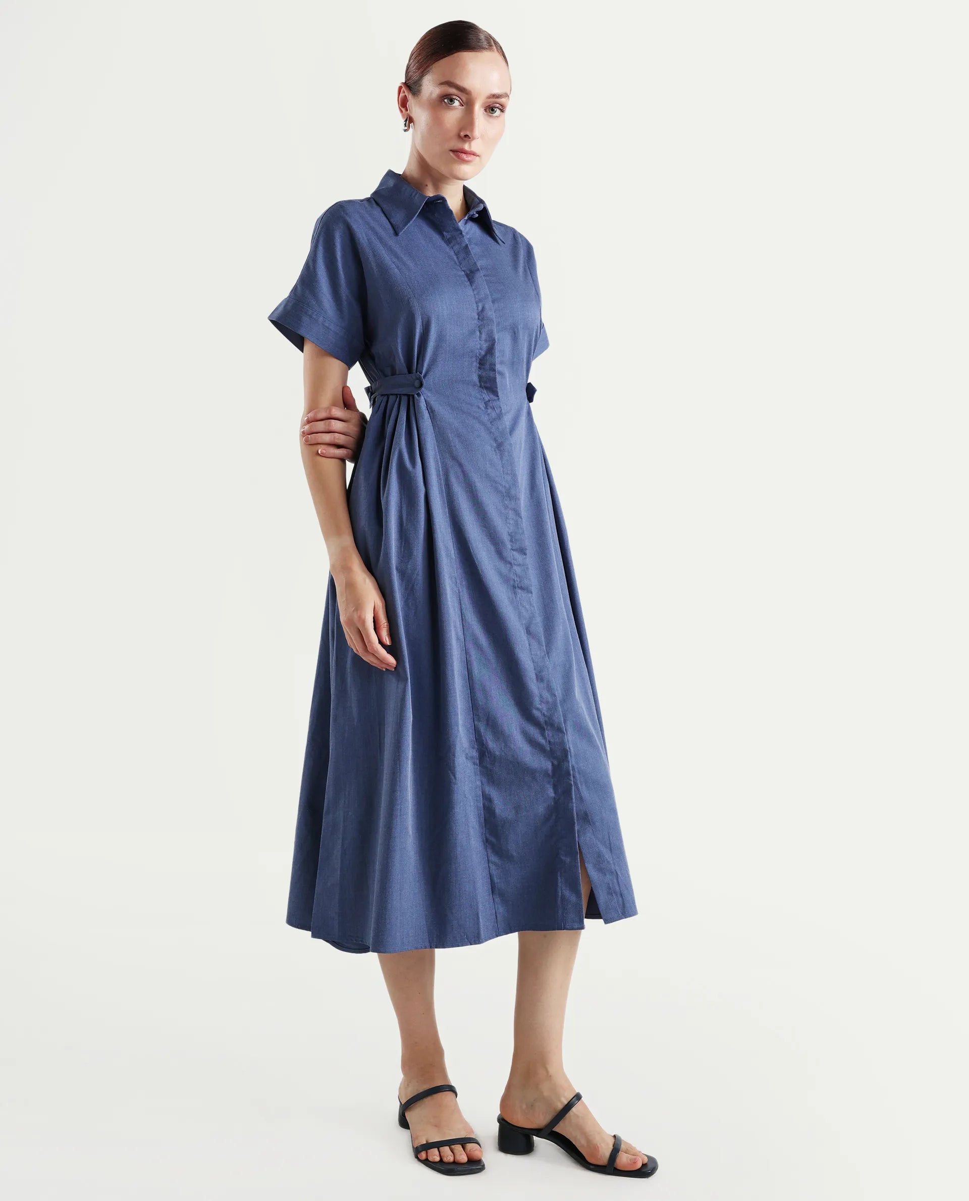 Rareism Women's Comatch Dark Blue Polyester Drop Collar Plain Extended Sleeves Maxi Fit And Flare Dress