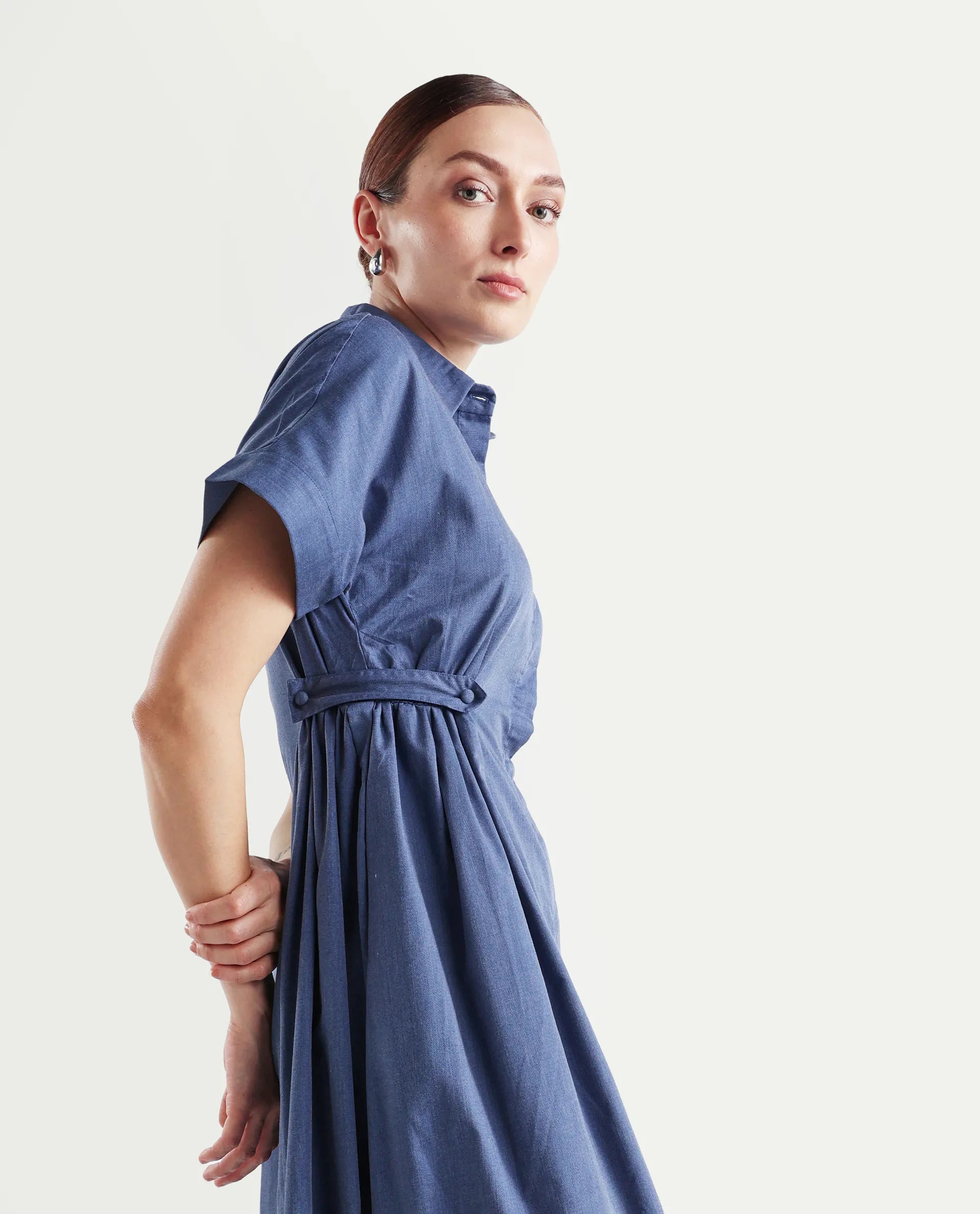 Rareism Women's Comatch Dark Blue Polyester Drop Collar Plain Extended Sleeves Maxi Fit And Flare Dress