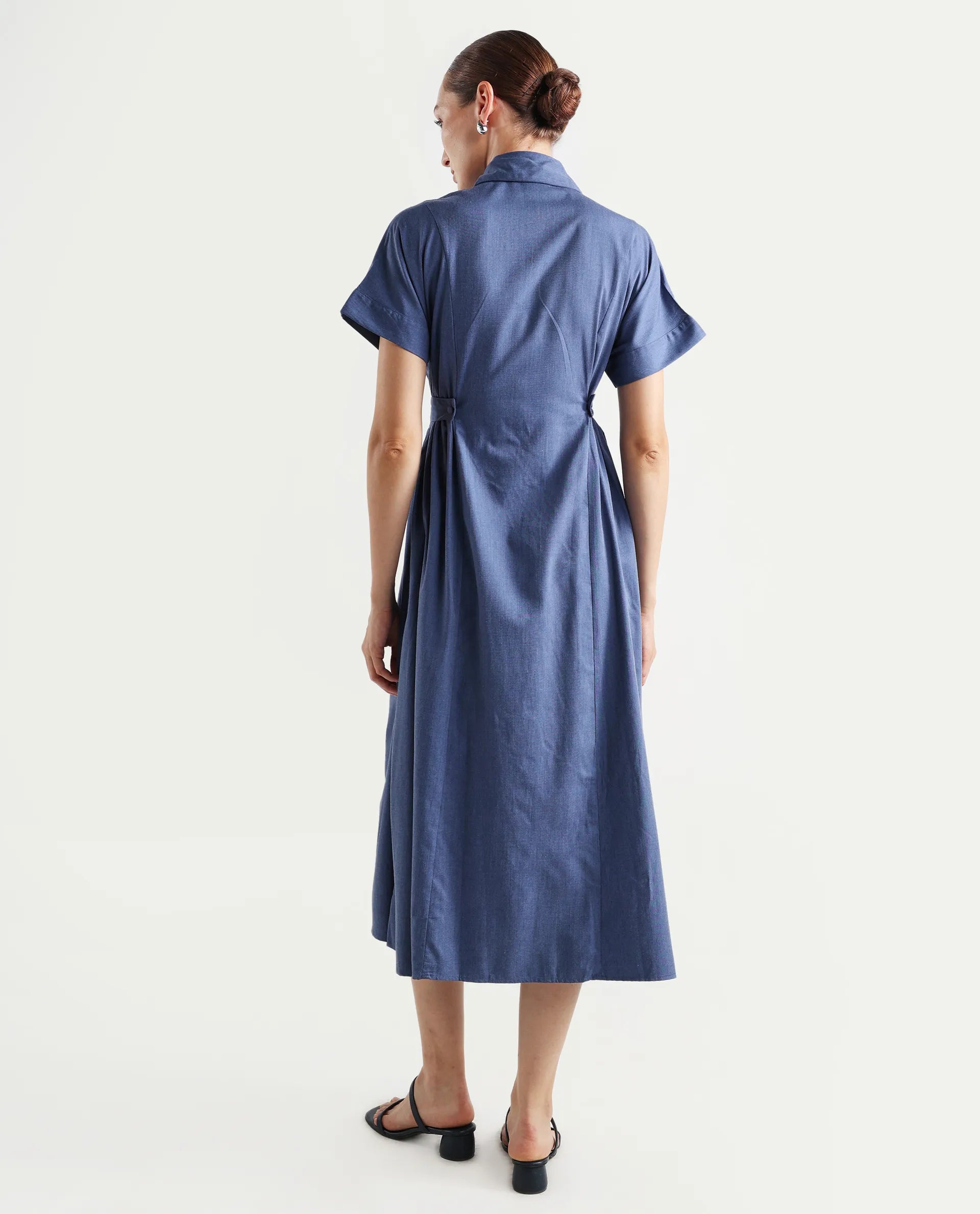 Rareism Women's Comatch Dark Blue Polyester Drop Collar Plain Extended Sleeves Maxi Fit And Flare Dress