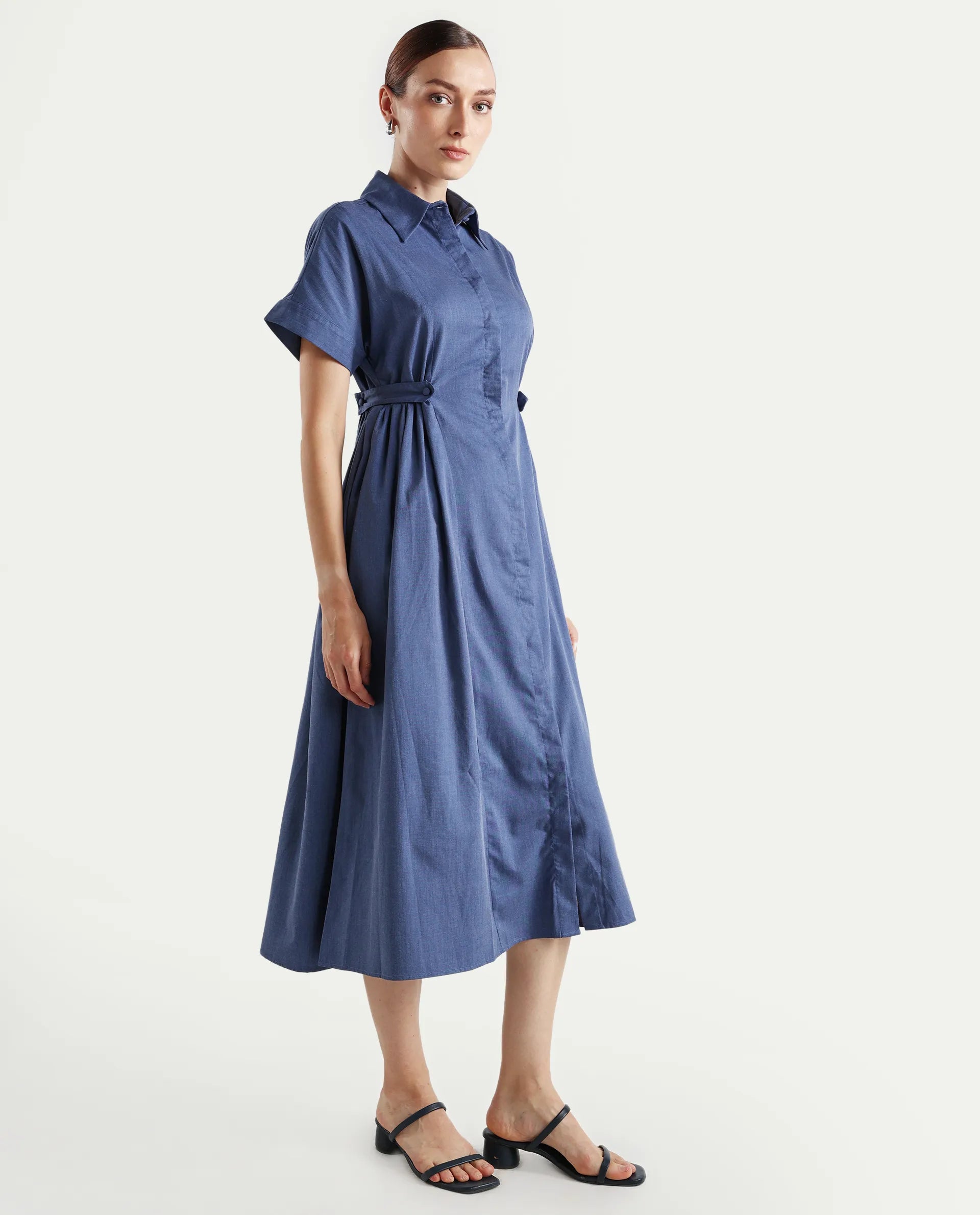 Rareism Women's Comatch Dark Blue Polyester Drop Collar Plain Extended Sleeves Maxi Fit And Flare Dress