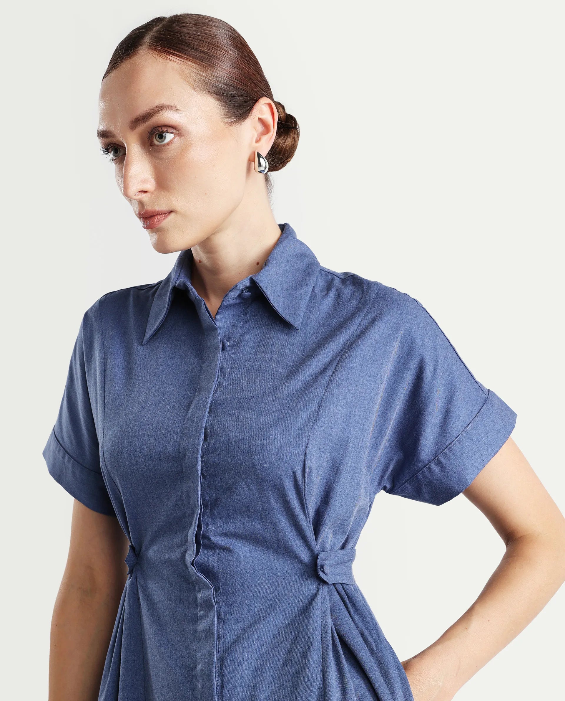 Rareism Women's Comatch Dark Blue Polyester Drop Collar Plain Extended Sleeves Maxi Fit And Flare Dress