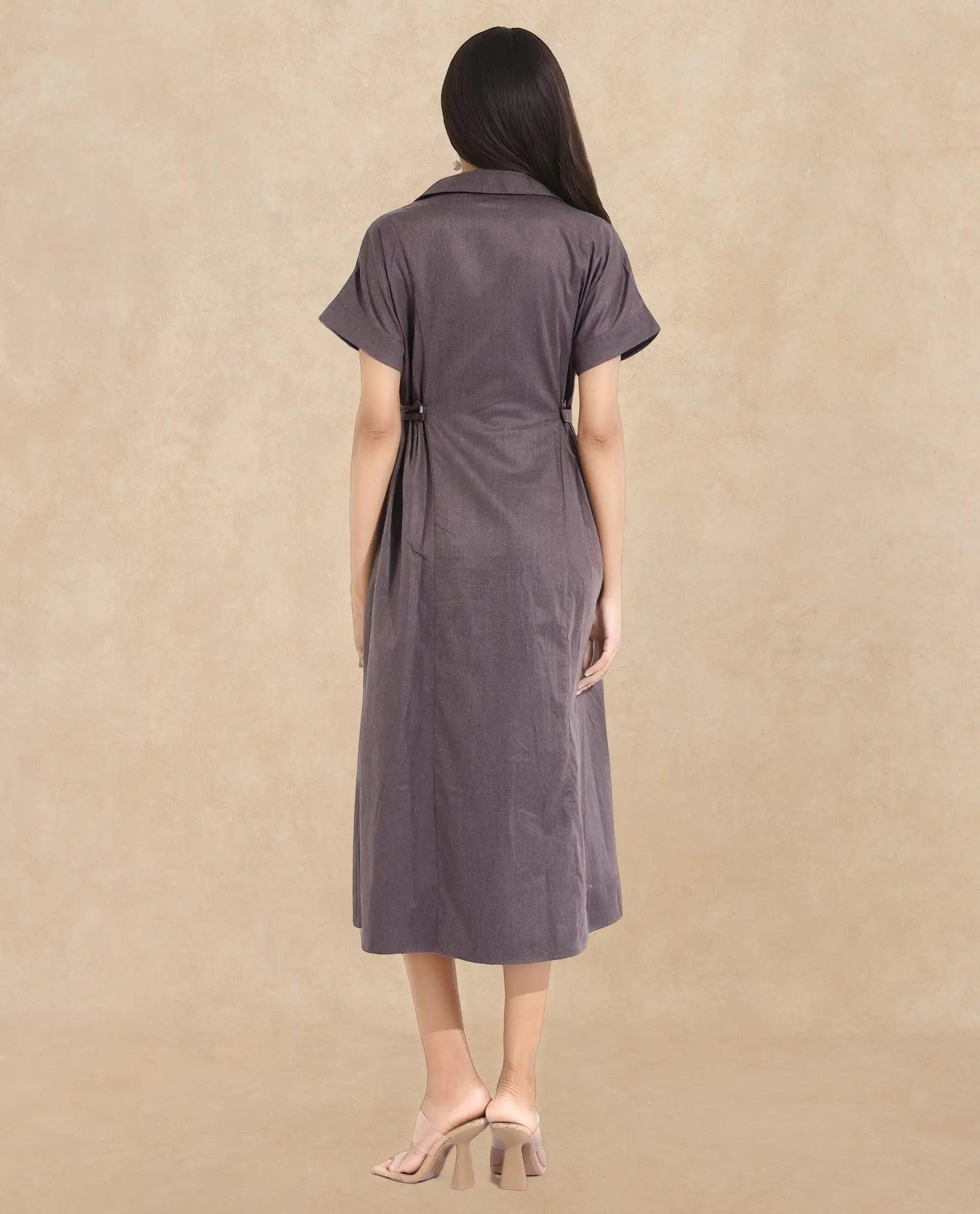 Rareism Women Comatch Brown Extended Sleeves Collared Neck Button Closure Fit And Flare Maxi Plain Dress