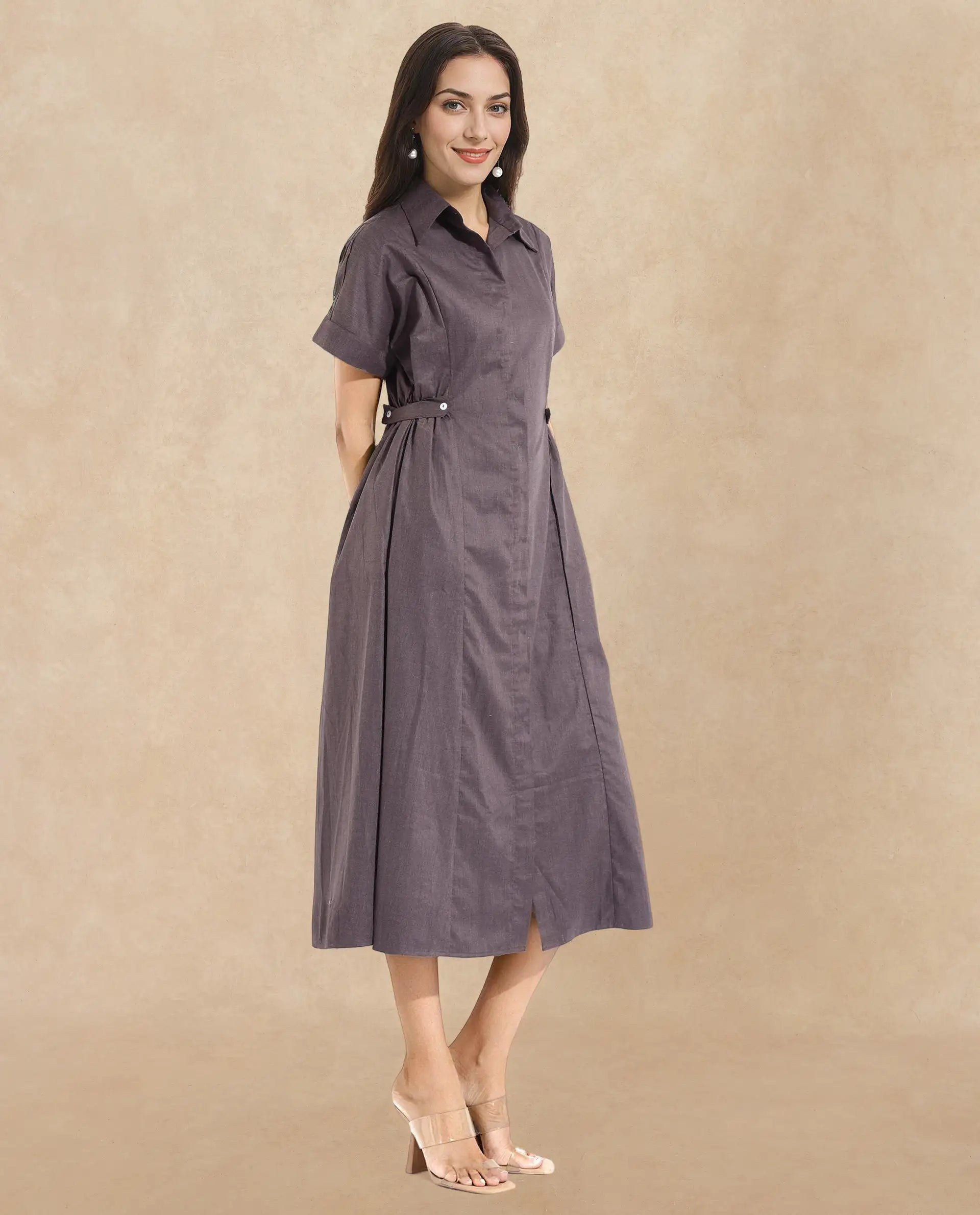 Rareism Women Comatch Brown Extended Sleeves Collared Neck Button Closure Fit And Flare Maxi Plain Dress