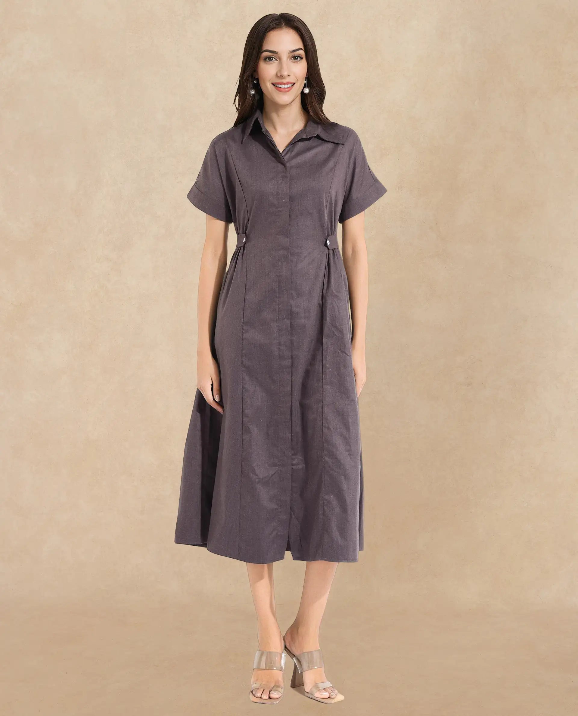 Rareism Women Comatch Brown Extended Sleeves Collared Neck Button Closure Fit And Flare Maxi Plain Dress