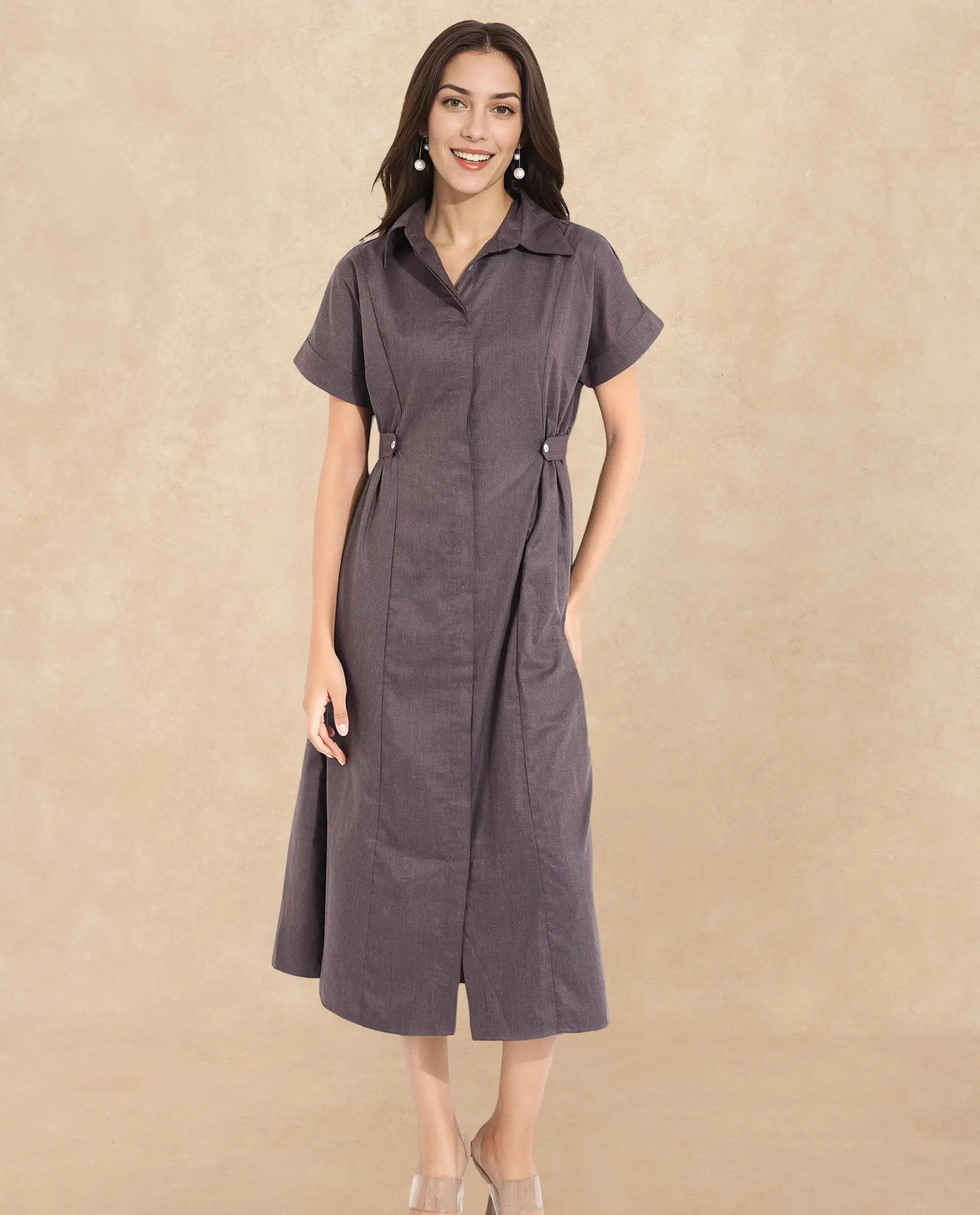 Rareism Women Comatch Brown Extended Sleeves Collared Neck Button Closure Fit And Flare Maxi Plain Dress