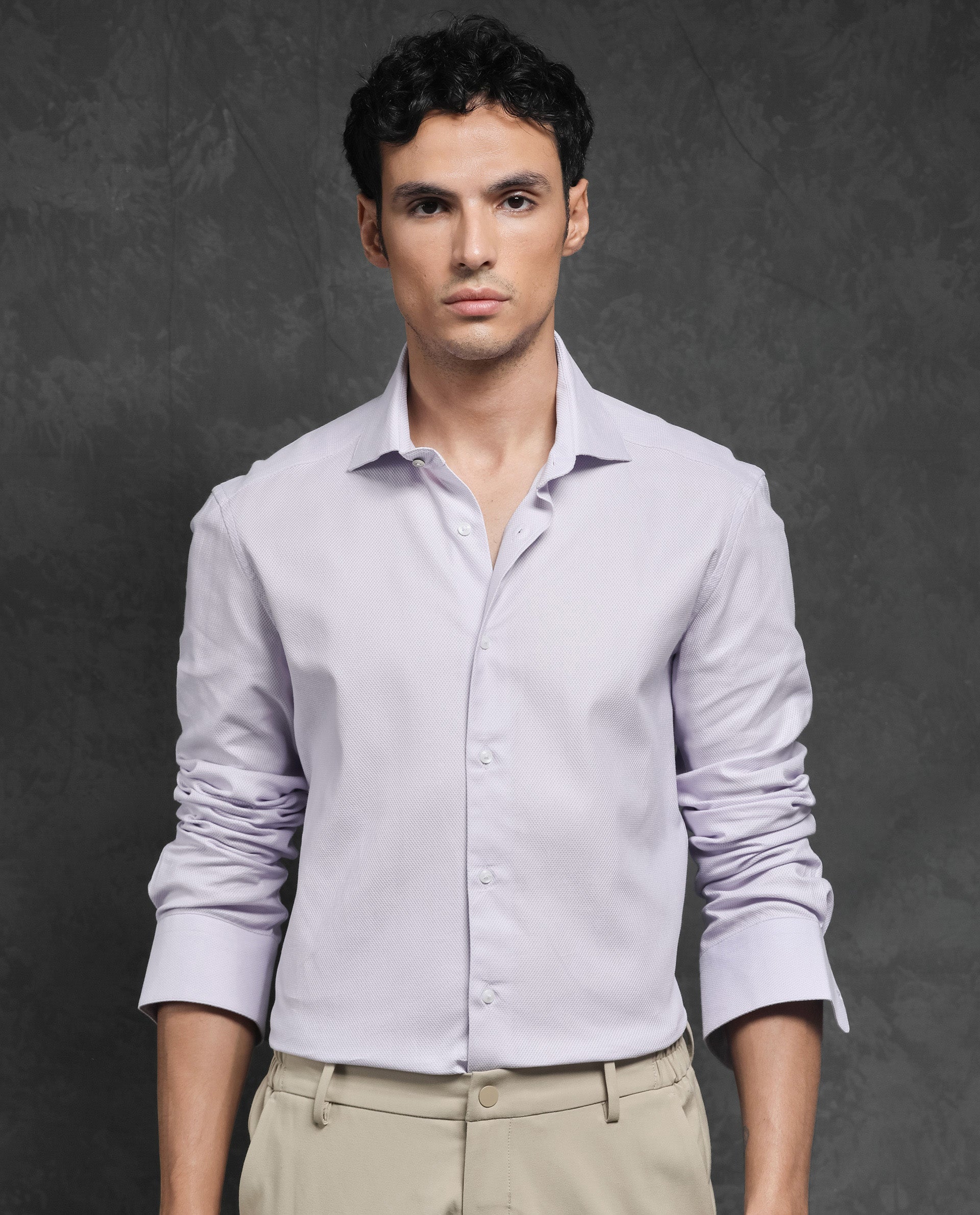 Rare Rabbit Men's Comb-1 Pastel Purple Cotton Fabric Full Sleeves Solid Shirt