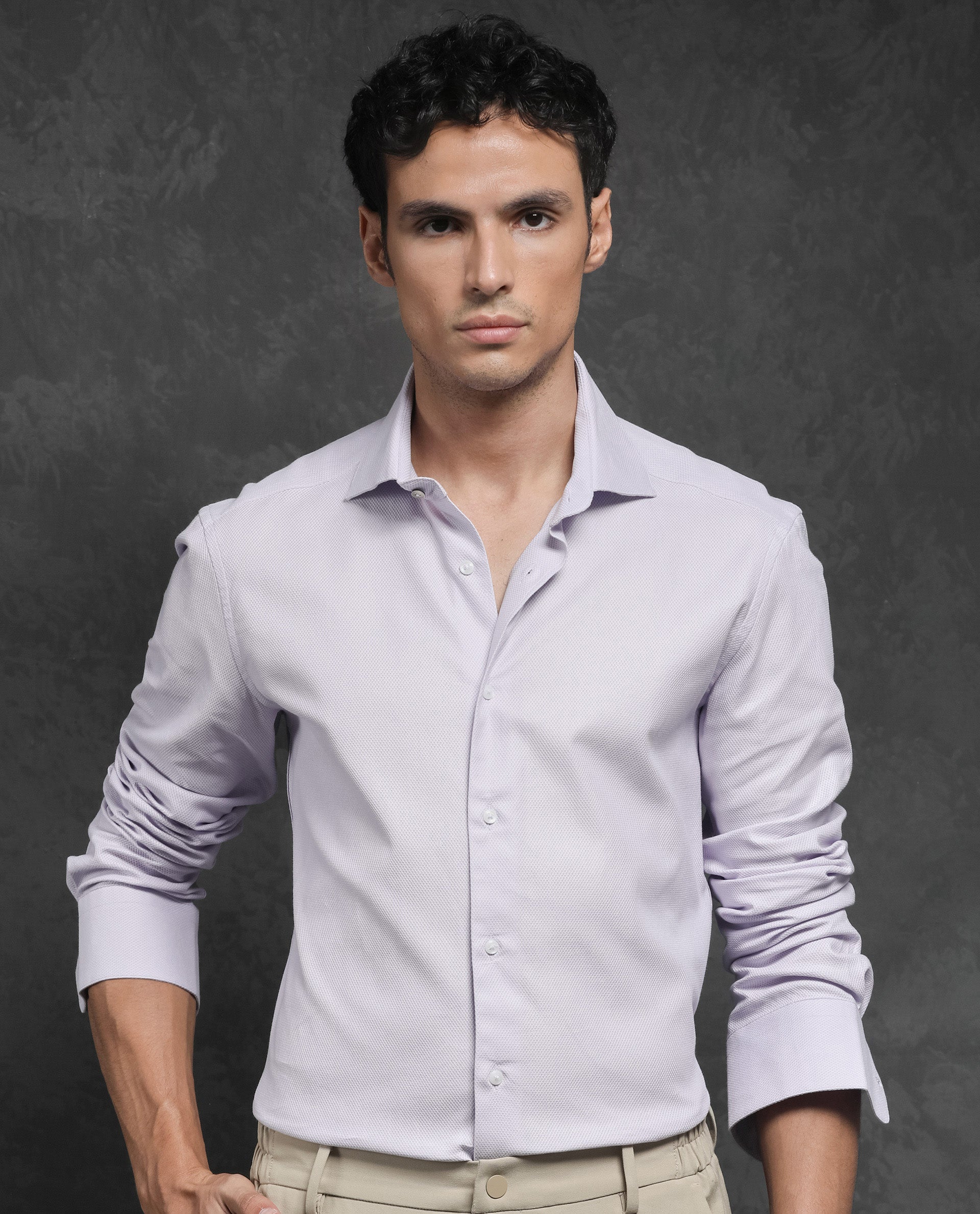 Rare Rabbit Men's Comb-1 Pastel Purple Cotton Fabric Full Sleeves Solid Shirt