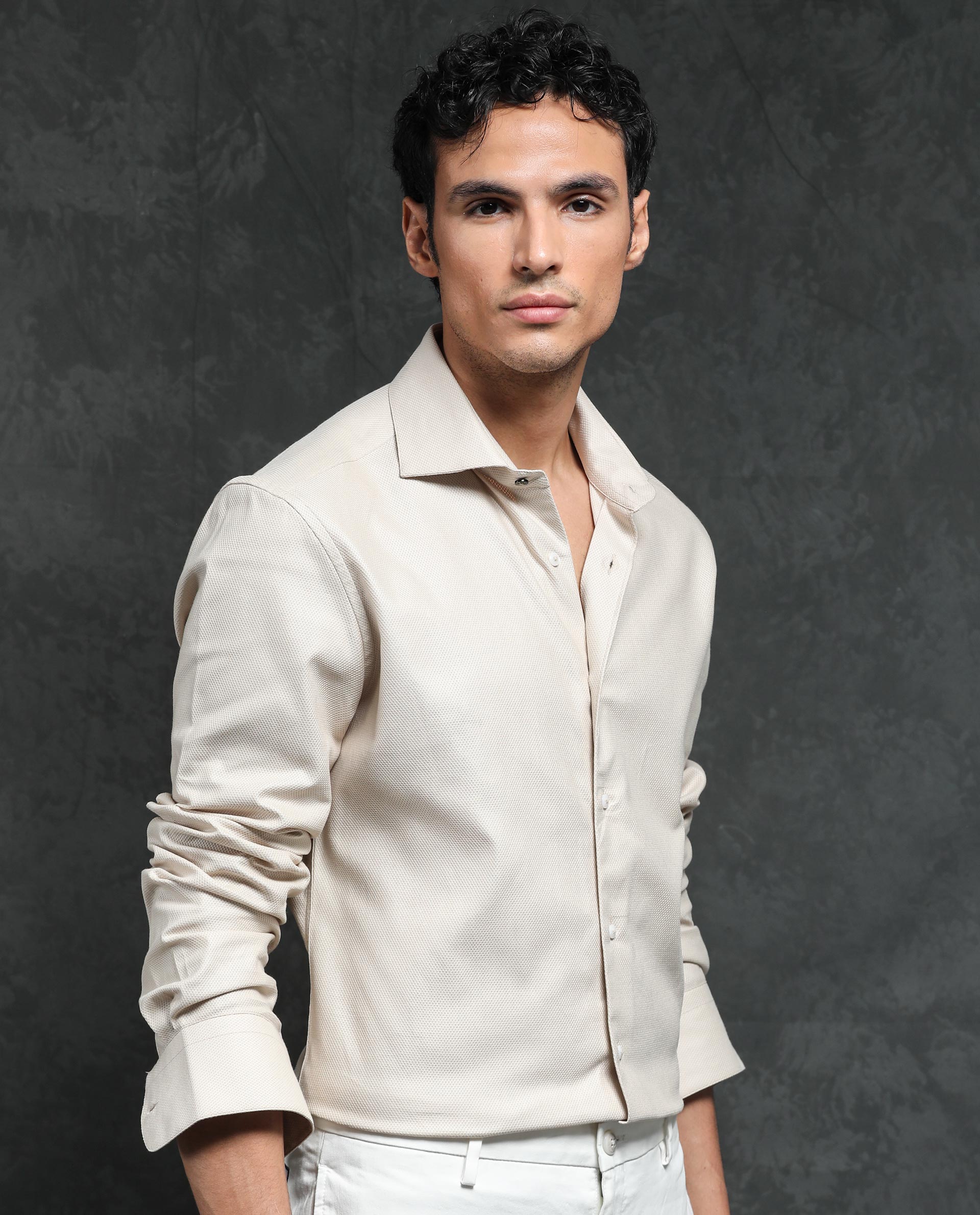 Rare Rabbit Men's Comb-1 Light Beige Cotton Fabric Full Sleeves Solid Shirt