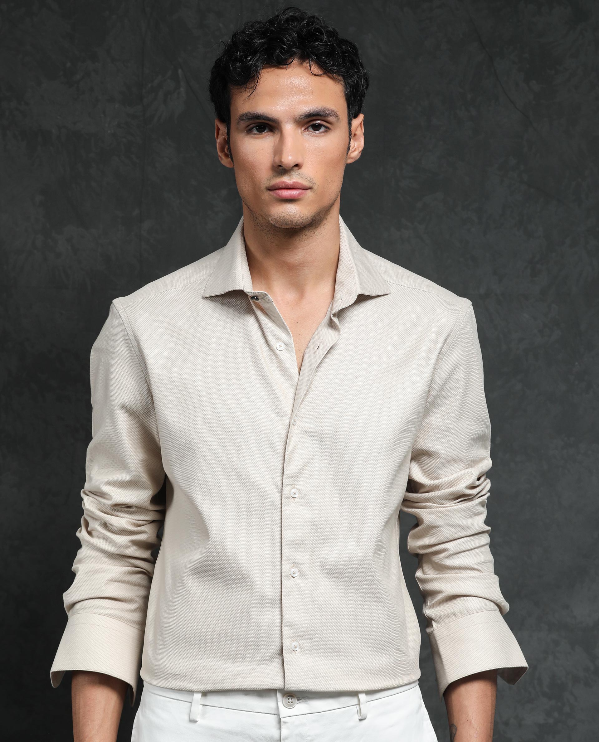 Rare Rabbit Men's Comb-1 Light Beige Cotton Fabric Full Sleeves Solid Shirt