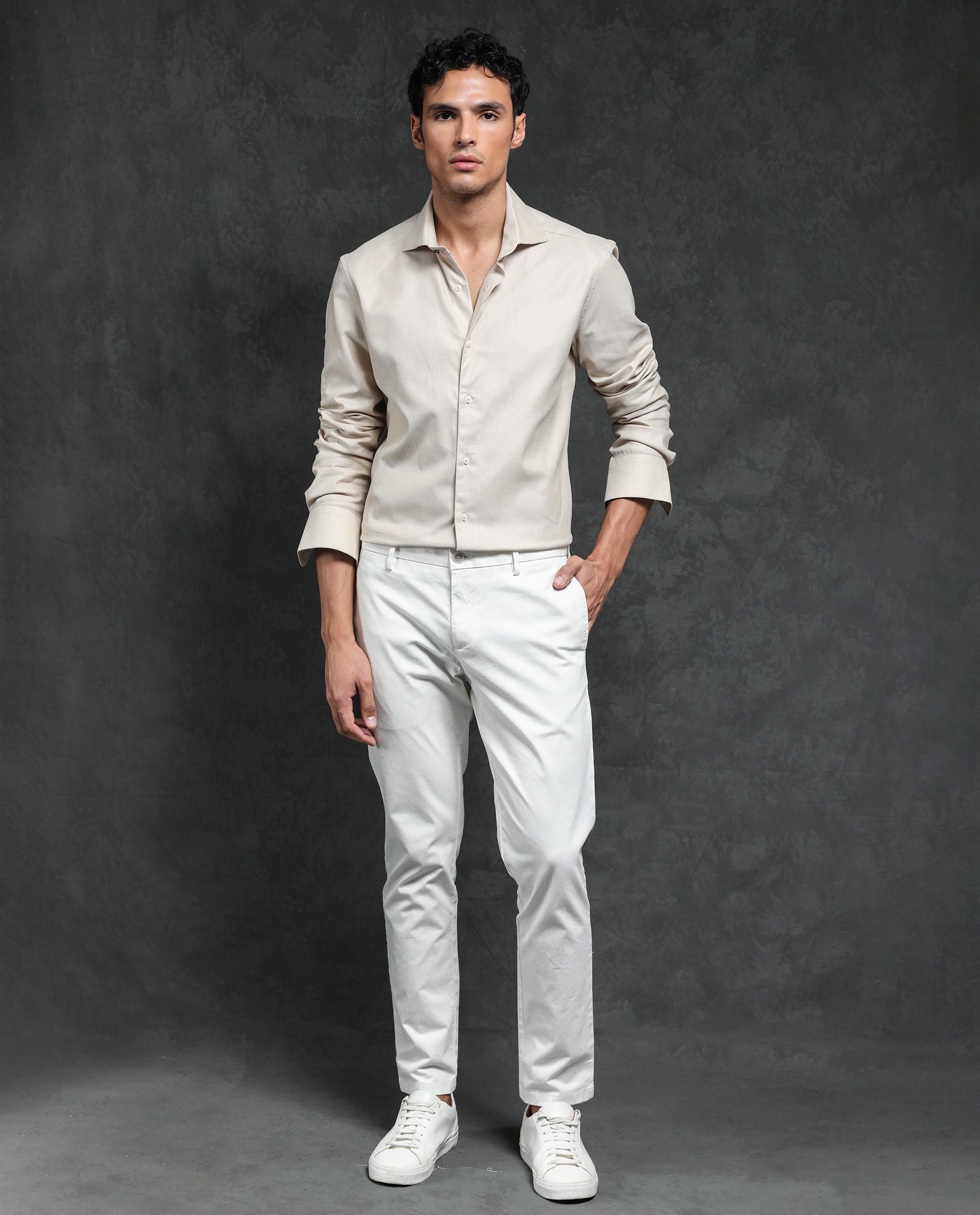 Rare Rabbit Men's Comb-1 Light Beige Cotton Fabric Full Sleeves Solid Shirt