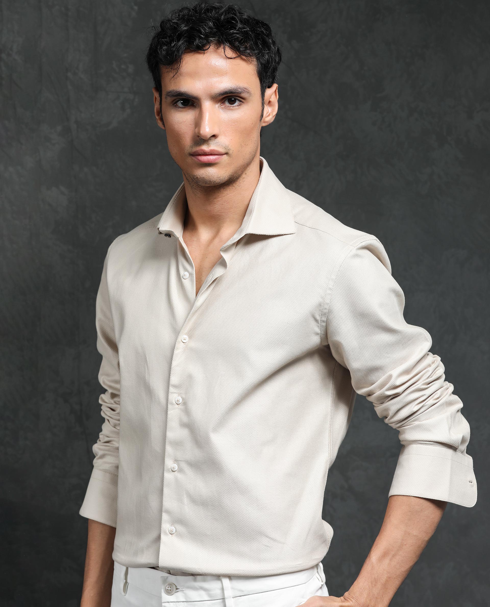 Rare Rabbit Men's Comb-1 Light Beige Cotton Fabric Full Sleeves Solid Shirt