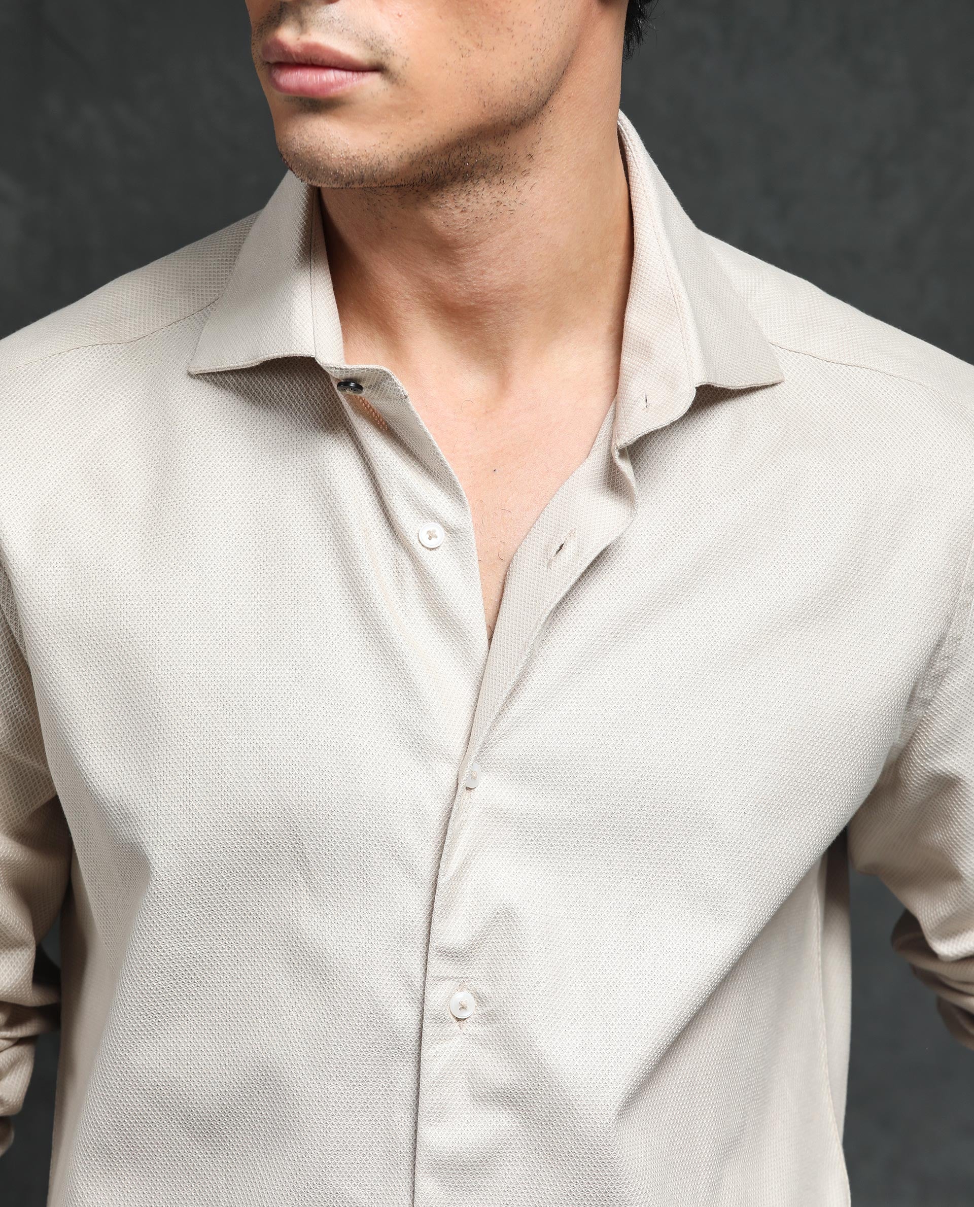 Rare Rabbit Men's Comb-1 Light Beige Cotton Fabric Full Sleeves Solid Shirt