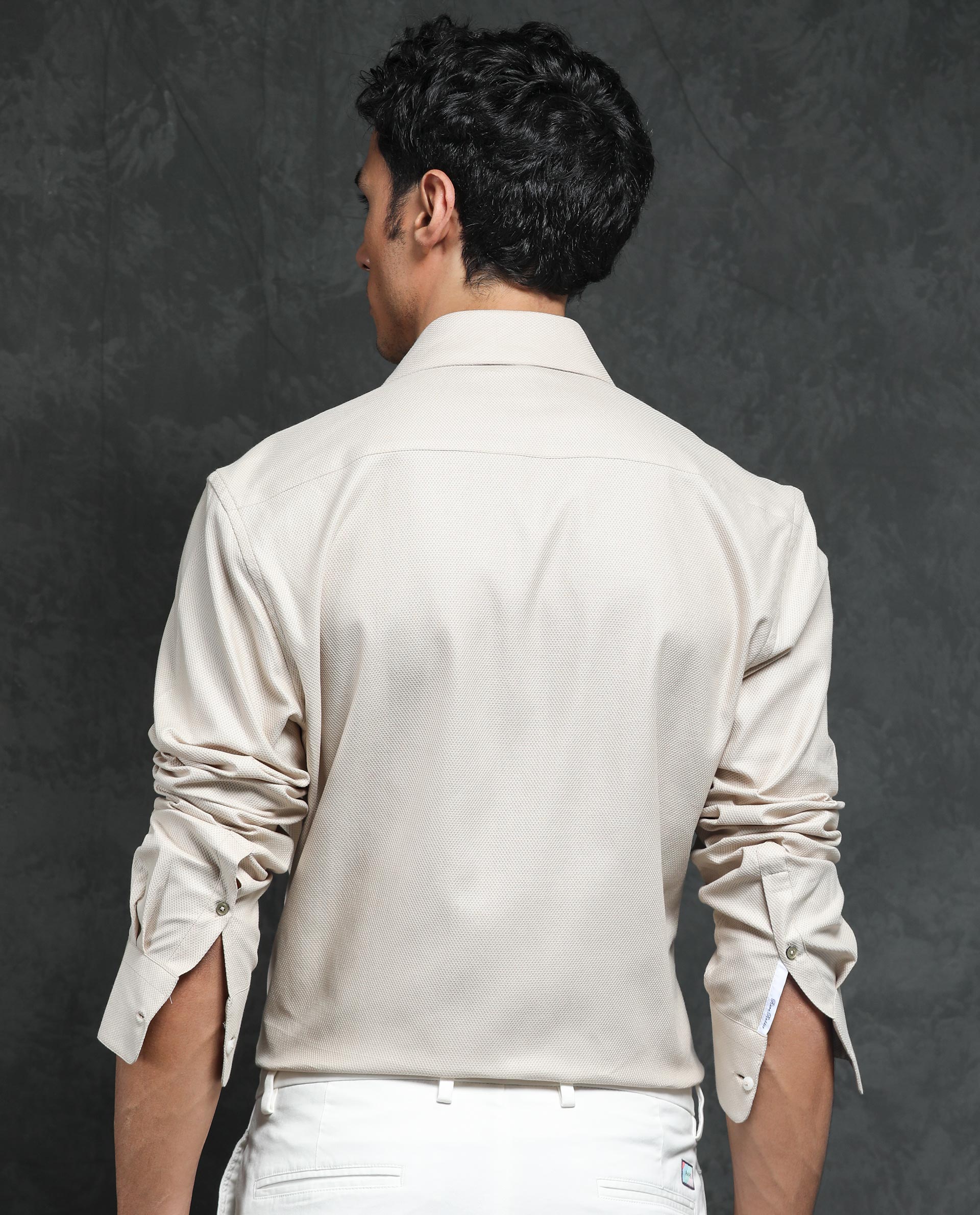 Rare Rabbit Men's Comb-1 Light Beige Cotton Fabric Full Sleeves Solid Shirt