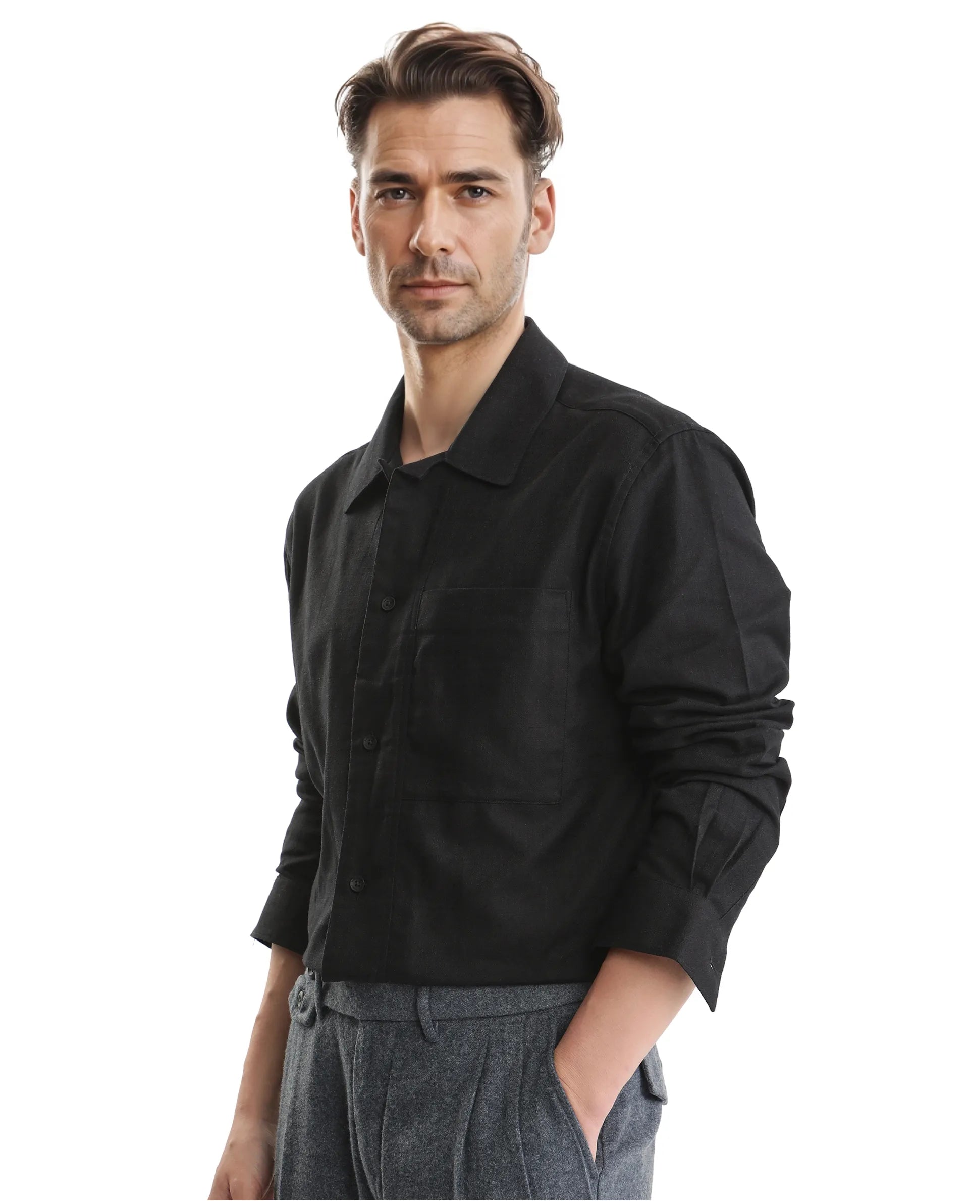 Rare Rabbit Men Combi Black Knitted Jacquard Fabric Full Sleeve Regular Fit Textured Solid Shirt