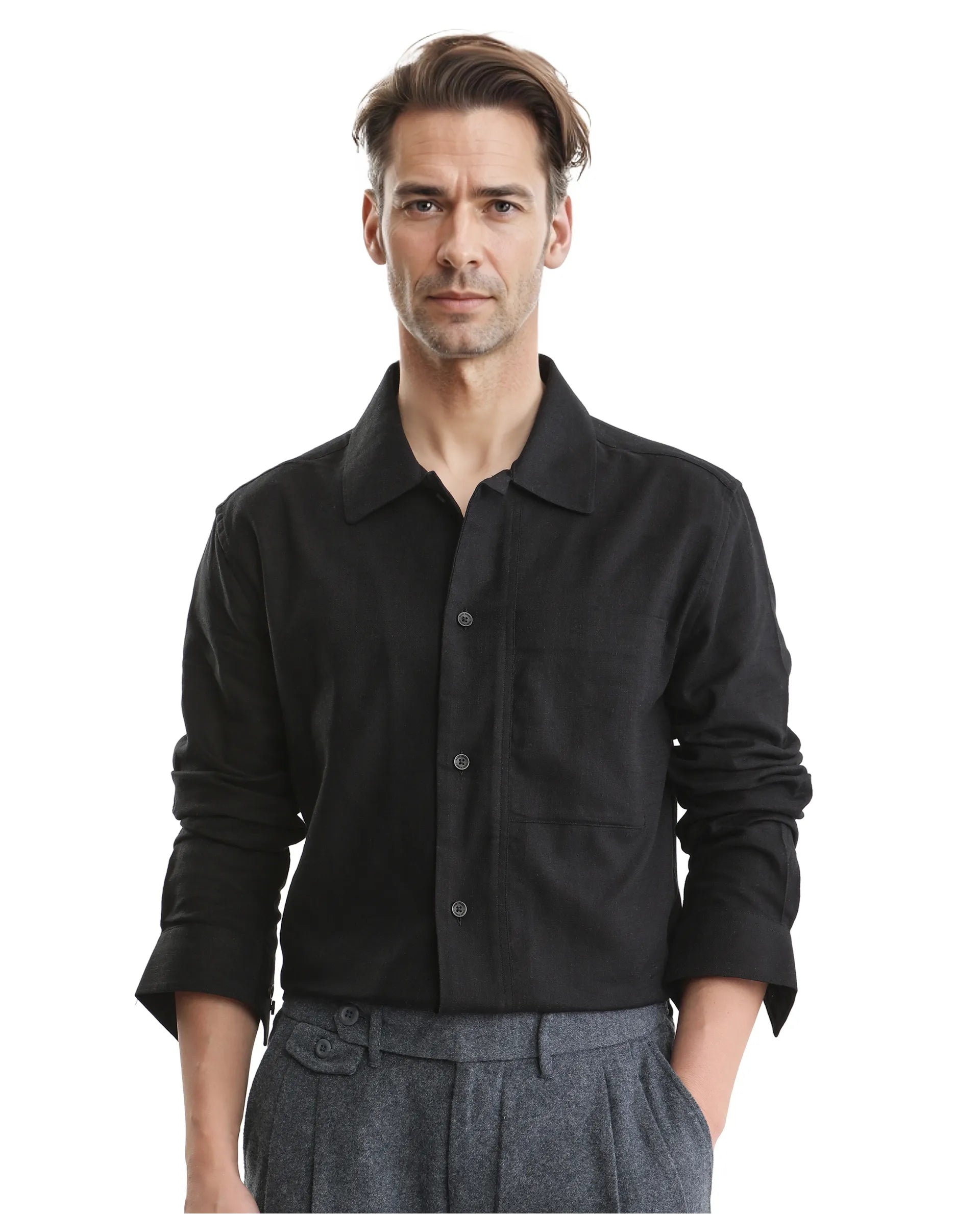 Rare Rabbit Men Combi Black Knitted Jacquard Fabric Full Sleeve Regular Fit Textured Solid Shirt