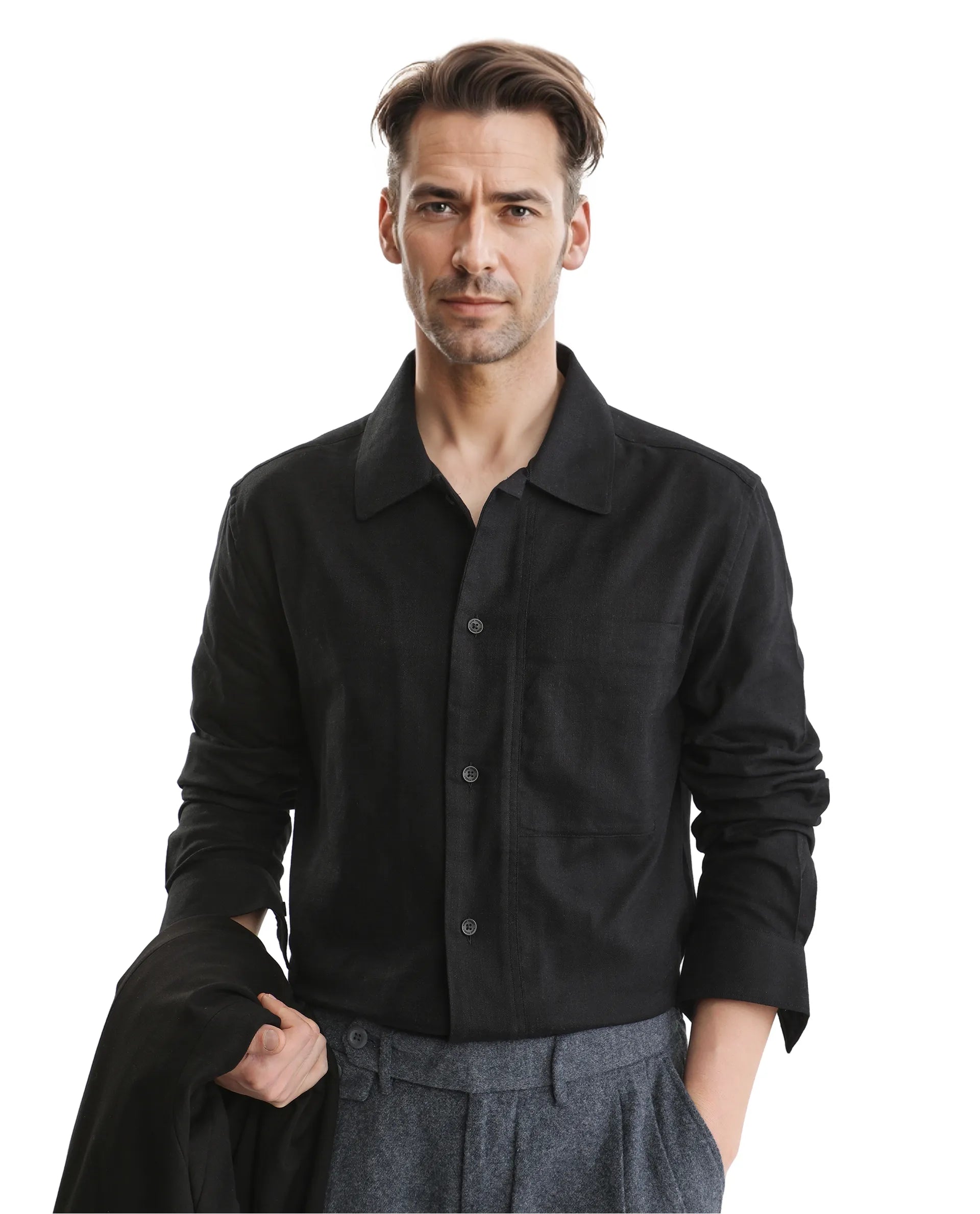 Rare Rabbit Men Combi Black Knitted Jacquard Fabric Full Sleeve Regular Fit Textured Solid Shirt