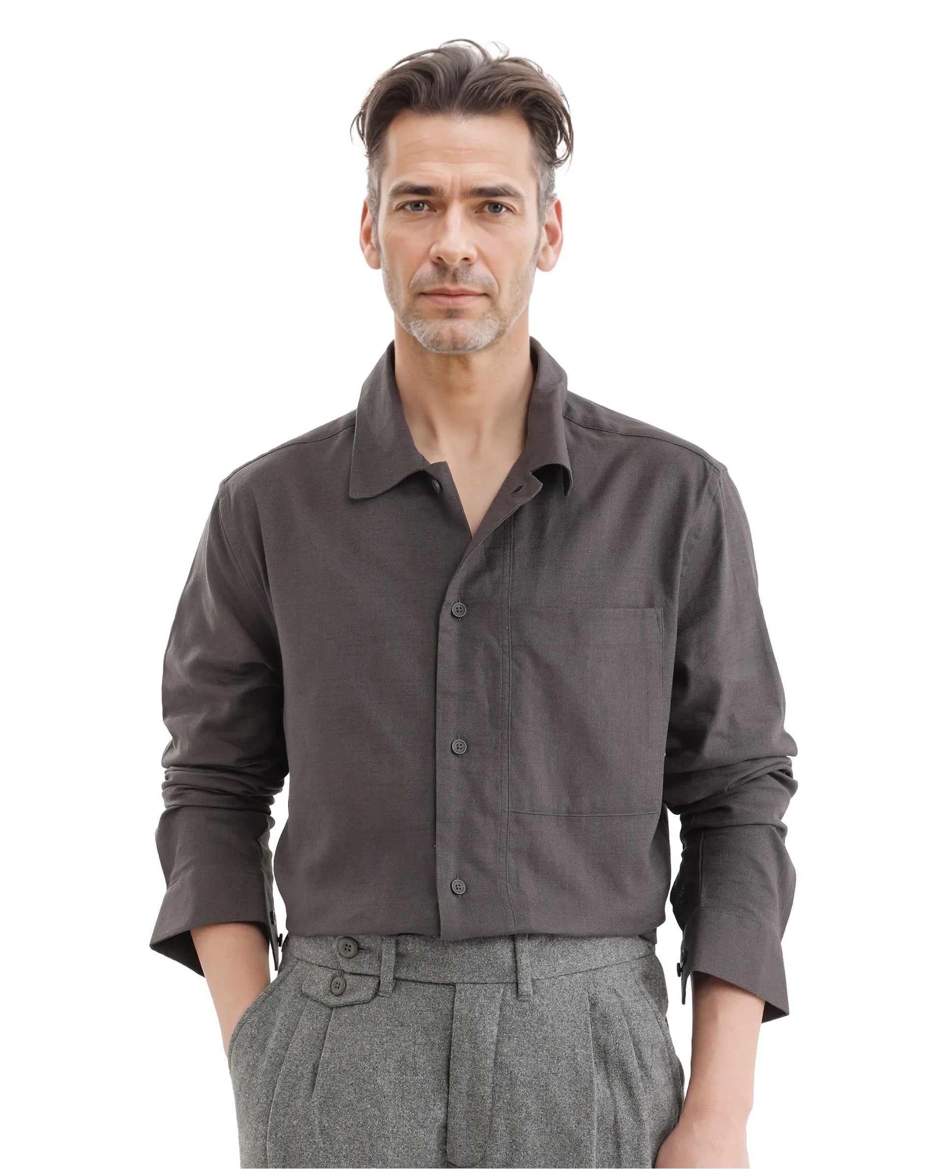 Rare Rabbit Men Combi Dark Grey Knitted Jacquard Fabric Full Sleeve Regular Fit Textured Solid Shirt