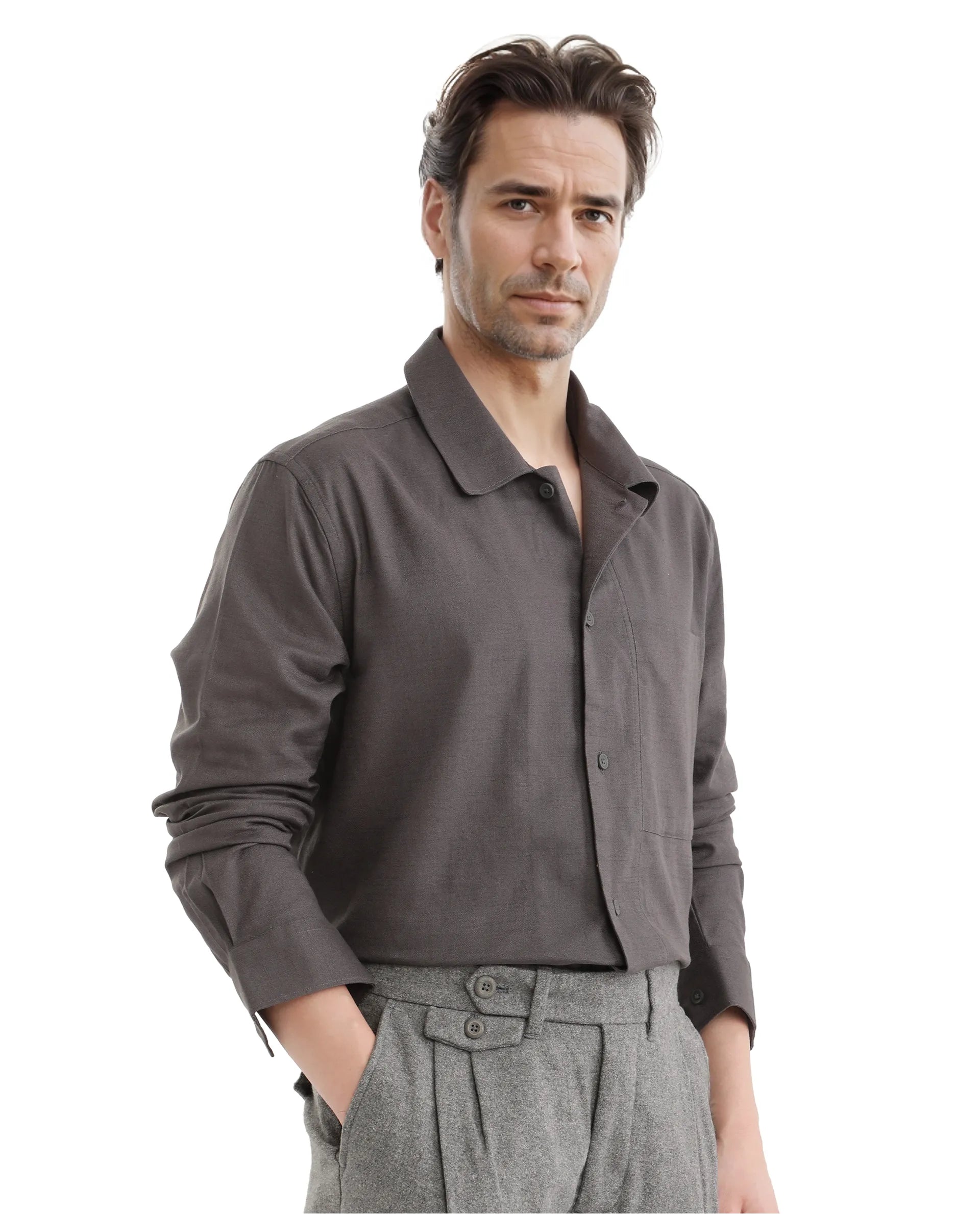 Rare Rabbit Men Combi Dark Grey Knitted Jacquard Fabric Full Sleeve Regular Fit Textured Solid Shirt