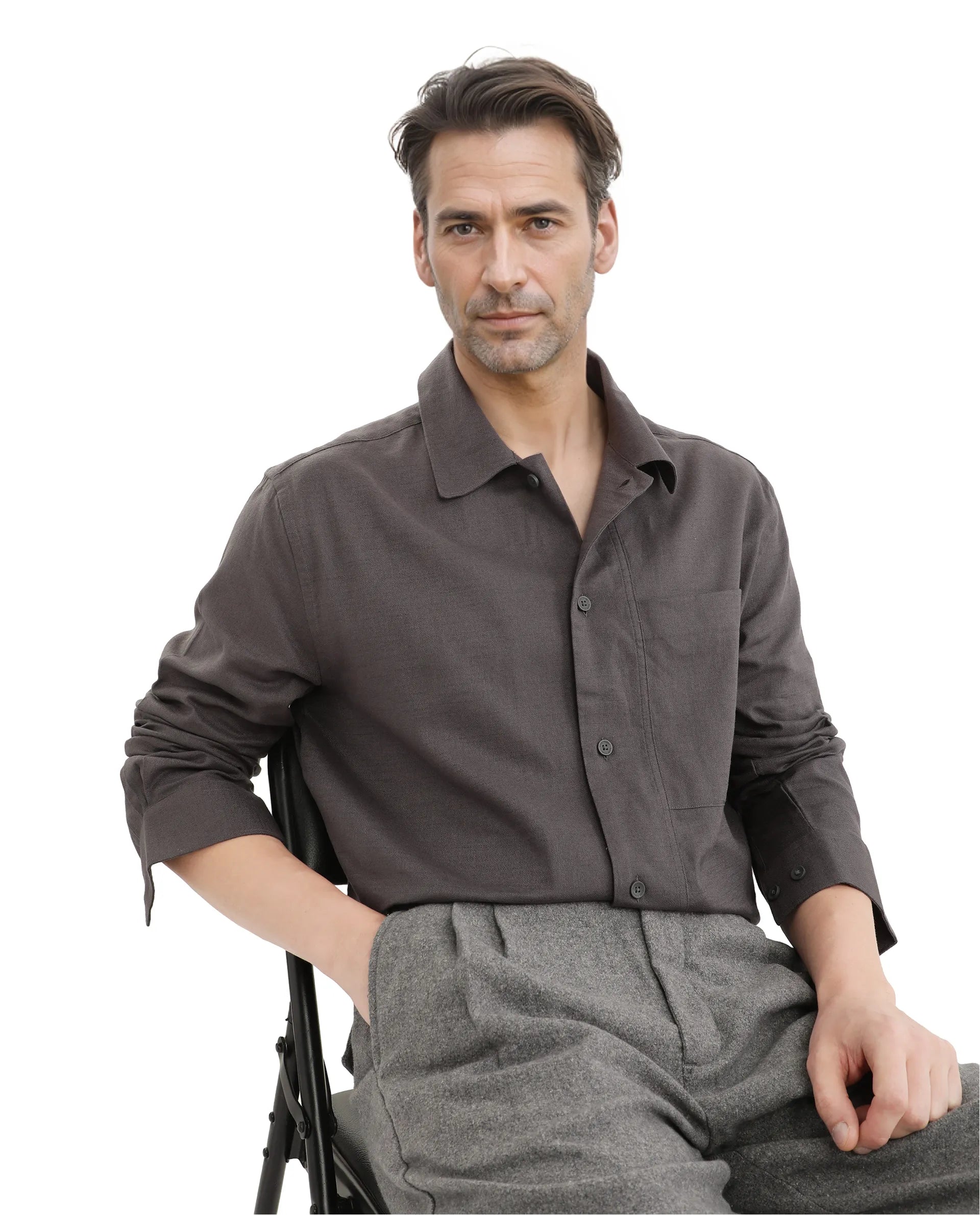 Rare Rabbit Men Combi Dark Grey Knitted Jacquard Fabric Full Sleeve Regular Fit Textured Solid Shirt