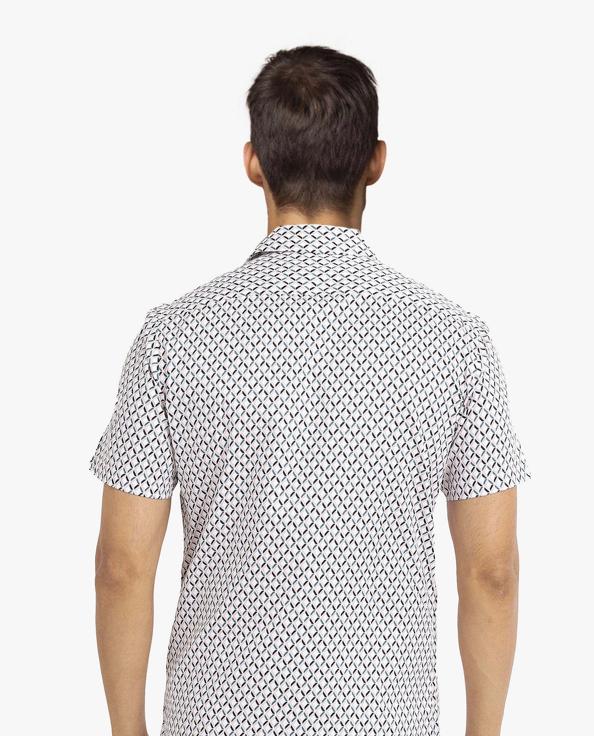 Rare Rabbit Men's Comet White Cotton Fabric Geometric Print Half Sleeves Shirt