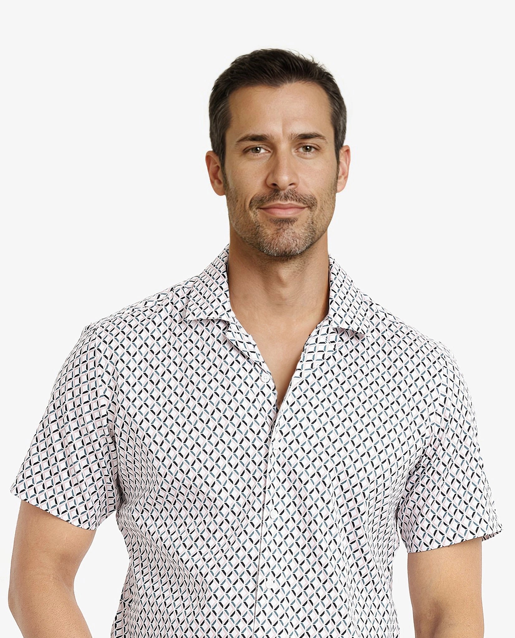 Rare Rabbit Men's Comet White Cotton Fabric Geometric Print Half Sleeves Shirt