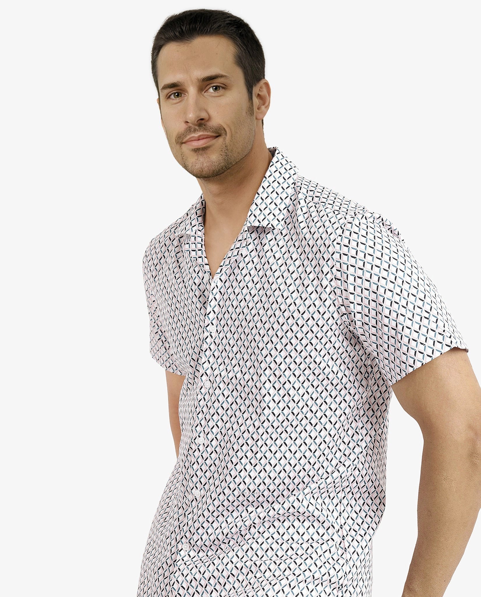 Rare Rabbit Men's Comet White Cotton Fabric Geometric Print Half Sleeves Shirt