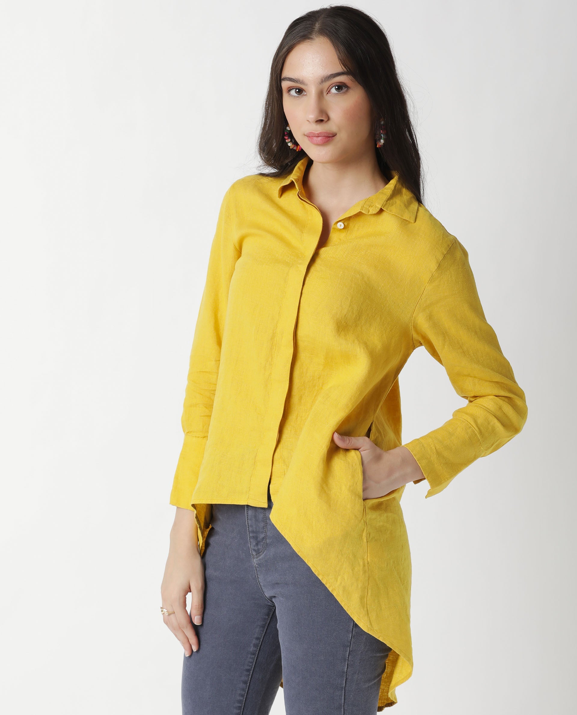 Rareism Women Comfo Yellow Linen Fabric Relaxed Fit Shirt Collar Full Sleeves Solid Top