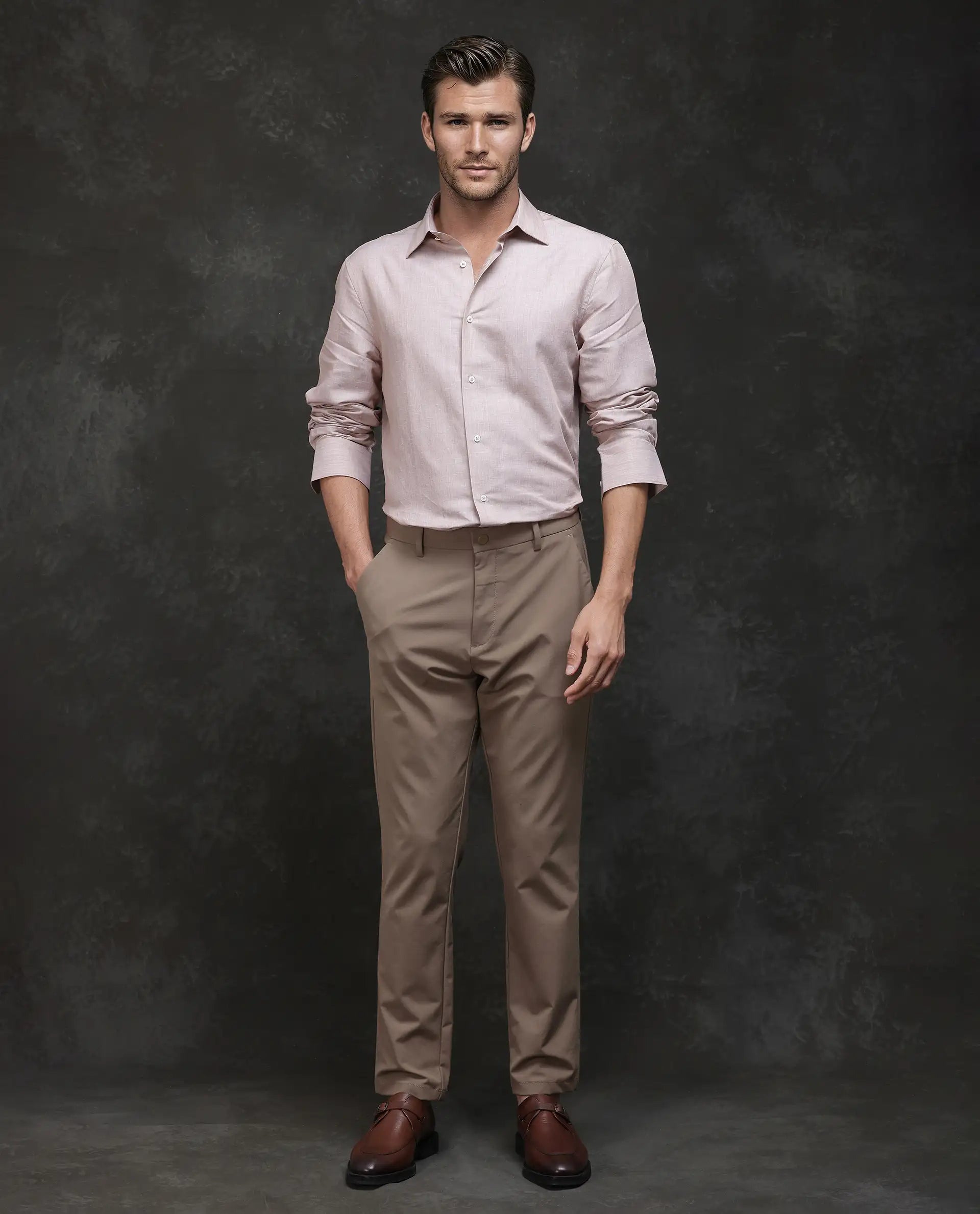 Rare Rabbit Men's Commas Light Beige Tencil Linen Fabric Full Sleeve Collared Neck Button Closure Plain Shirt