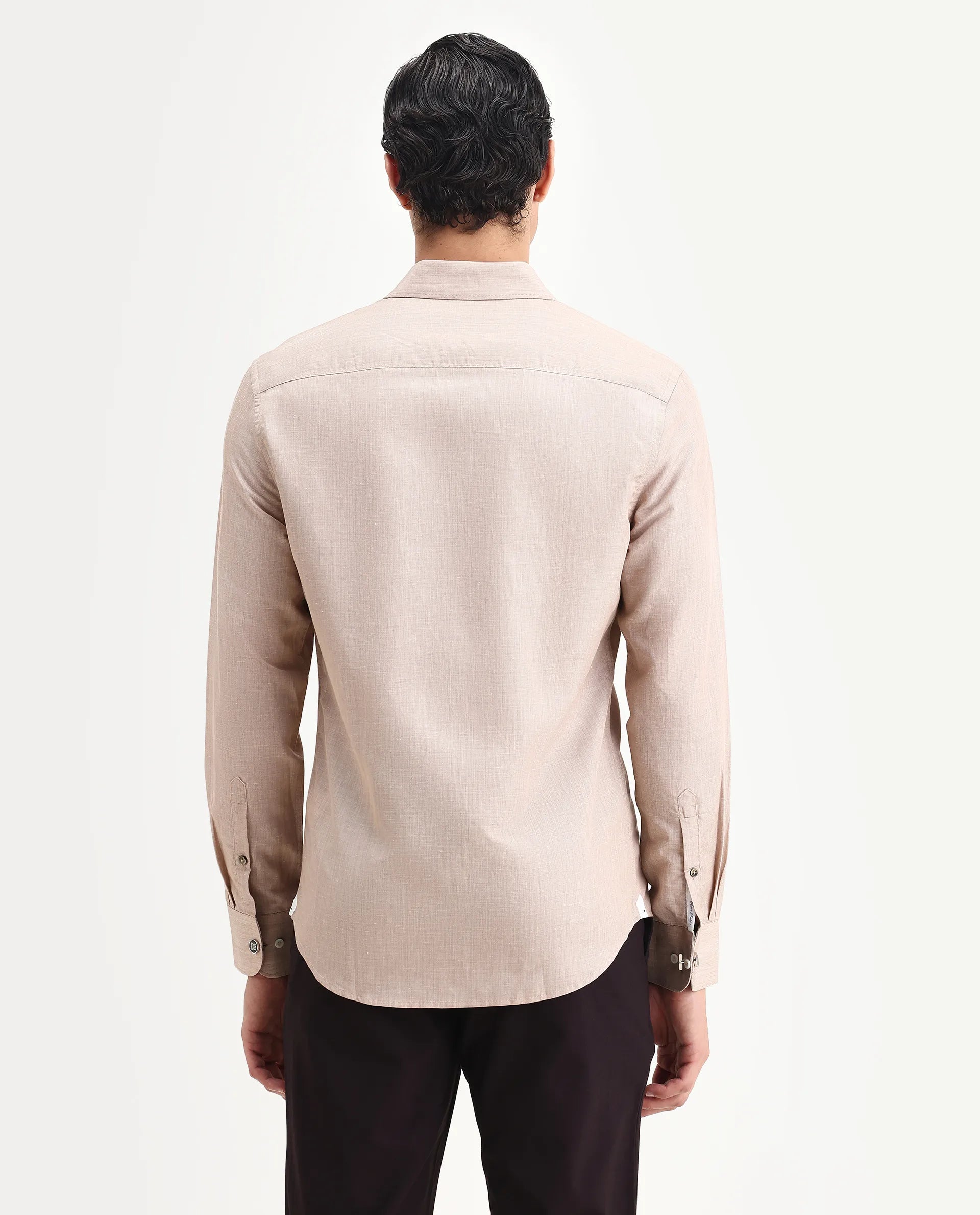 Rare Rabbit Men's Commas Light Beige Linen Blend Plain Regular Fit Full Sleeve Collared Shirt