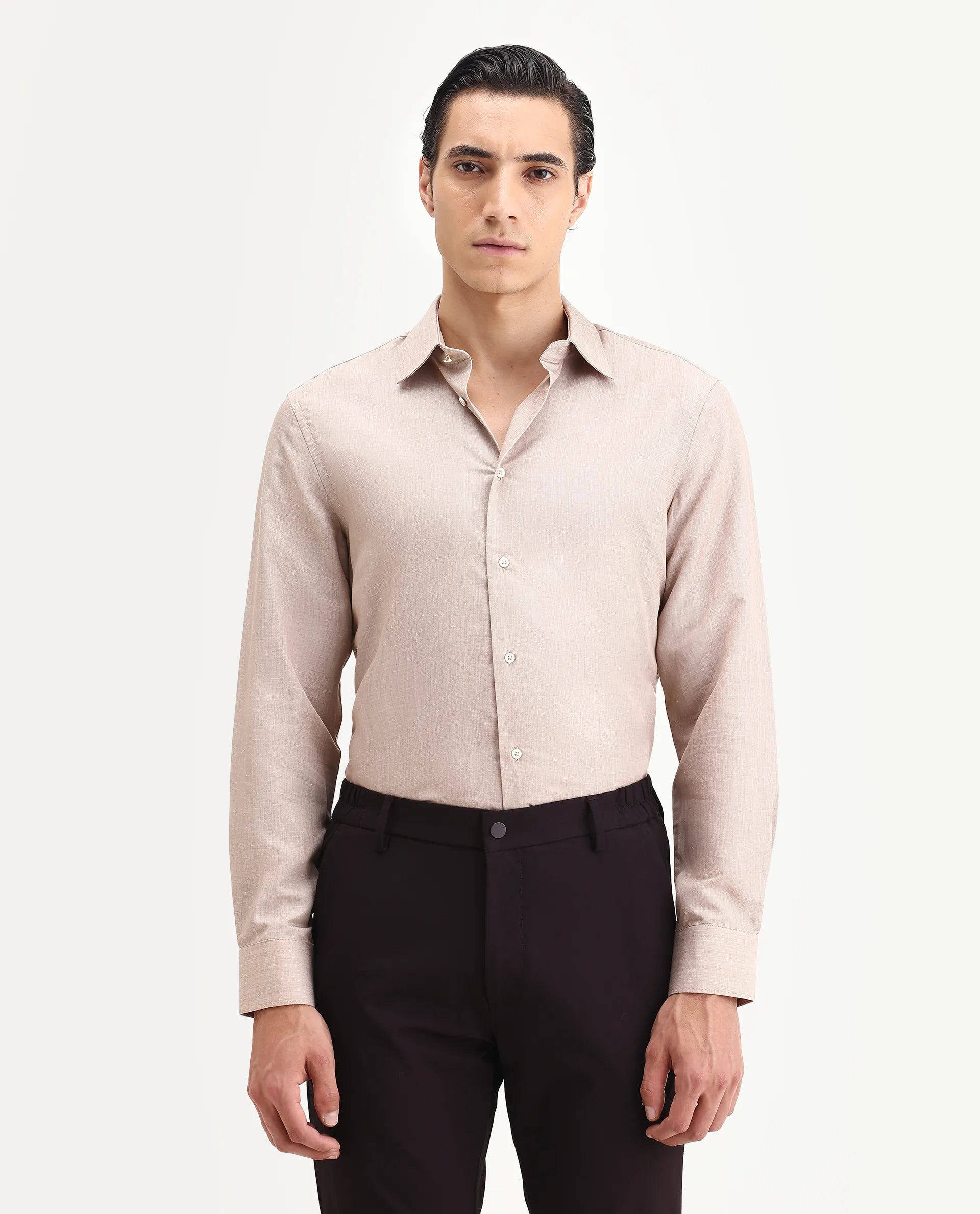 Rare Rabbit Men's Commas Light Beige Linen Blend Plain Regular Fit Full Sleeve Collared Shirt