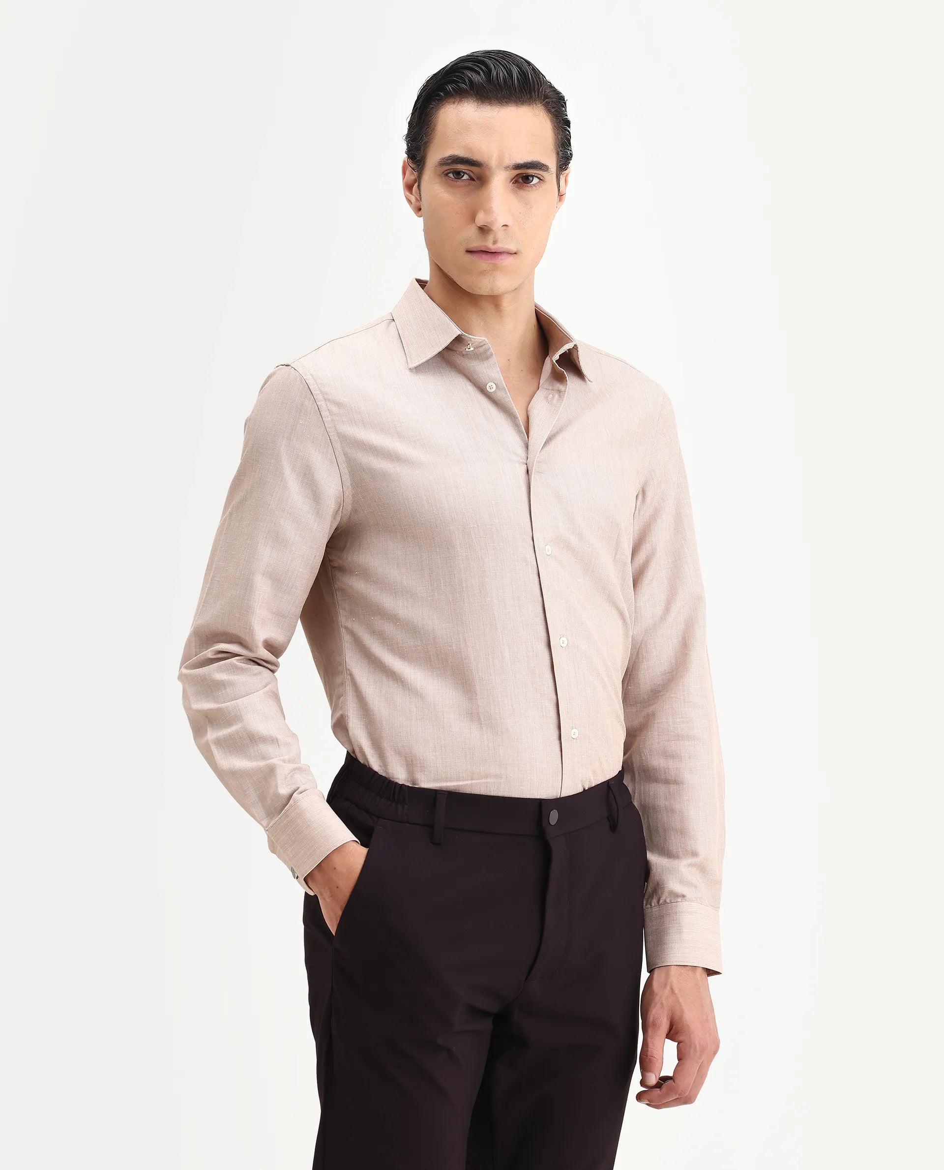 Rare Rabbit Men's Commas Light Beige Linen Blend Plain Regular Fit Full Sleeve Collared Shirt