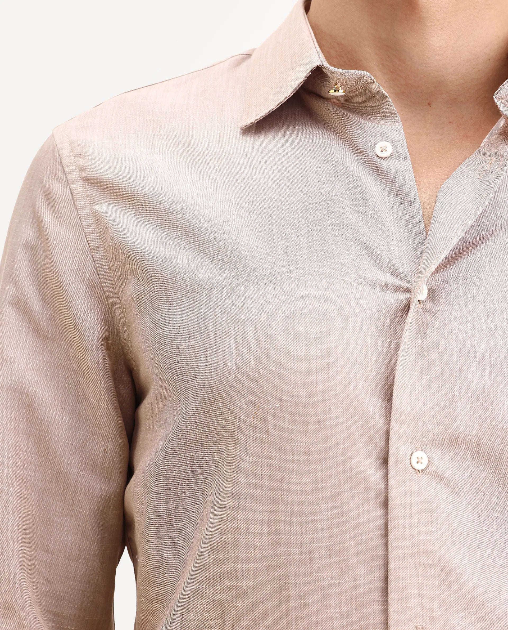Rare Rabbit Men's Commas Light Beige Linen Blend Plain Regular Fit Full Sleeve Collared Shirt