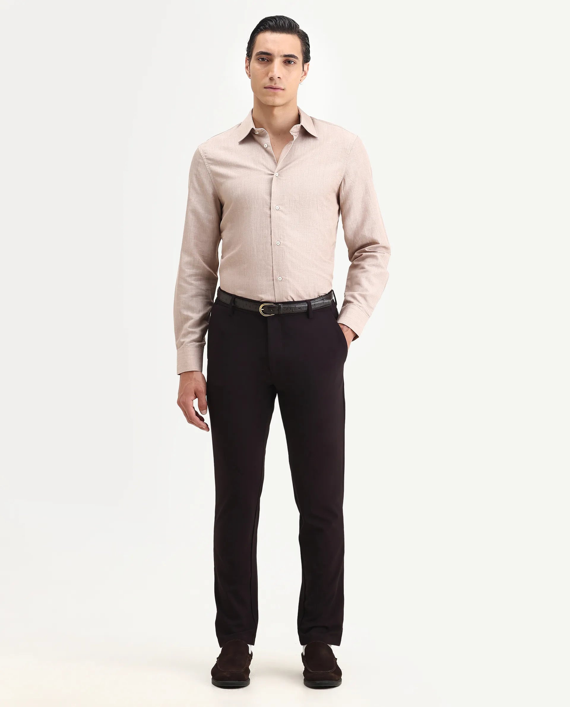 Rare Rabbit Men's Commas Light Beige Linen Blend Plain Regular Fit Full Sleeve Collared Shirt