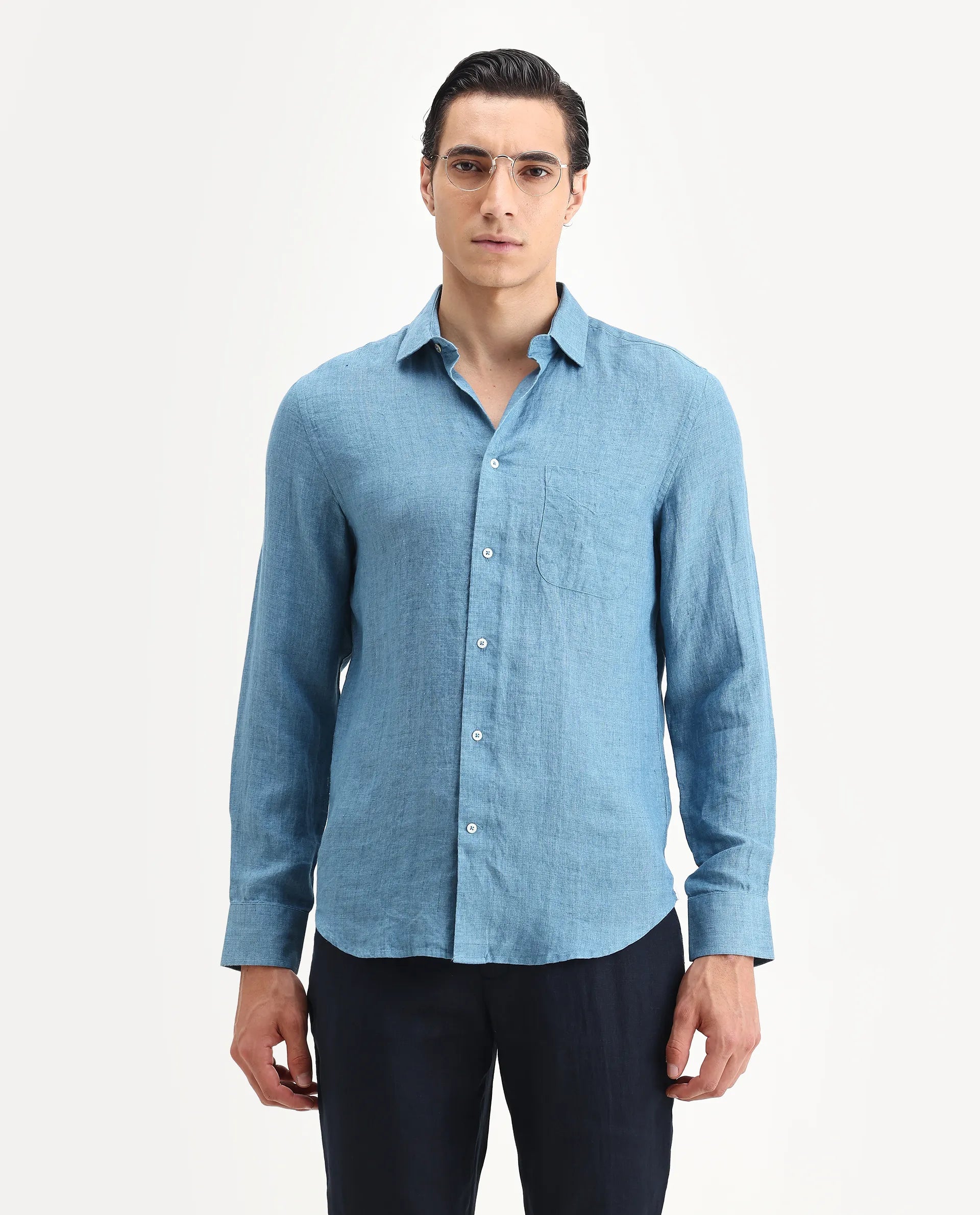 Rare Rabbit Men's Borium Ls-25 Dusky Blue 100% Linen Plain Regular Fit Full Sleeve Collared Shirt