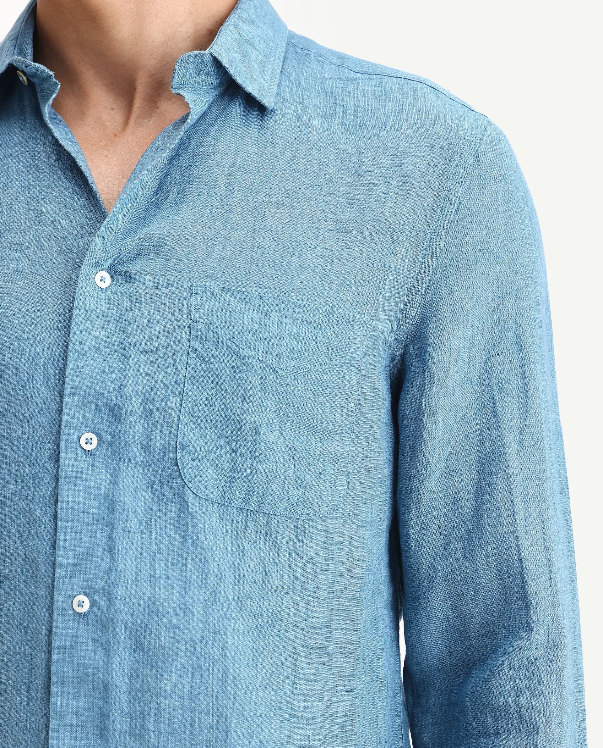 Rare Rabbit Men's Borium Ls-25 Dusky Blue 100% Linen Plain Regular Fit Full Sleeve Collared Shirt