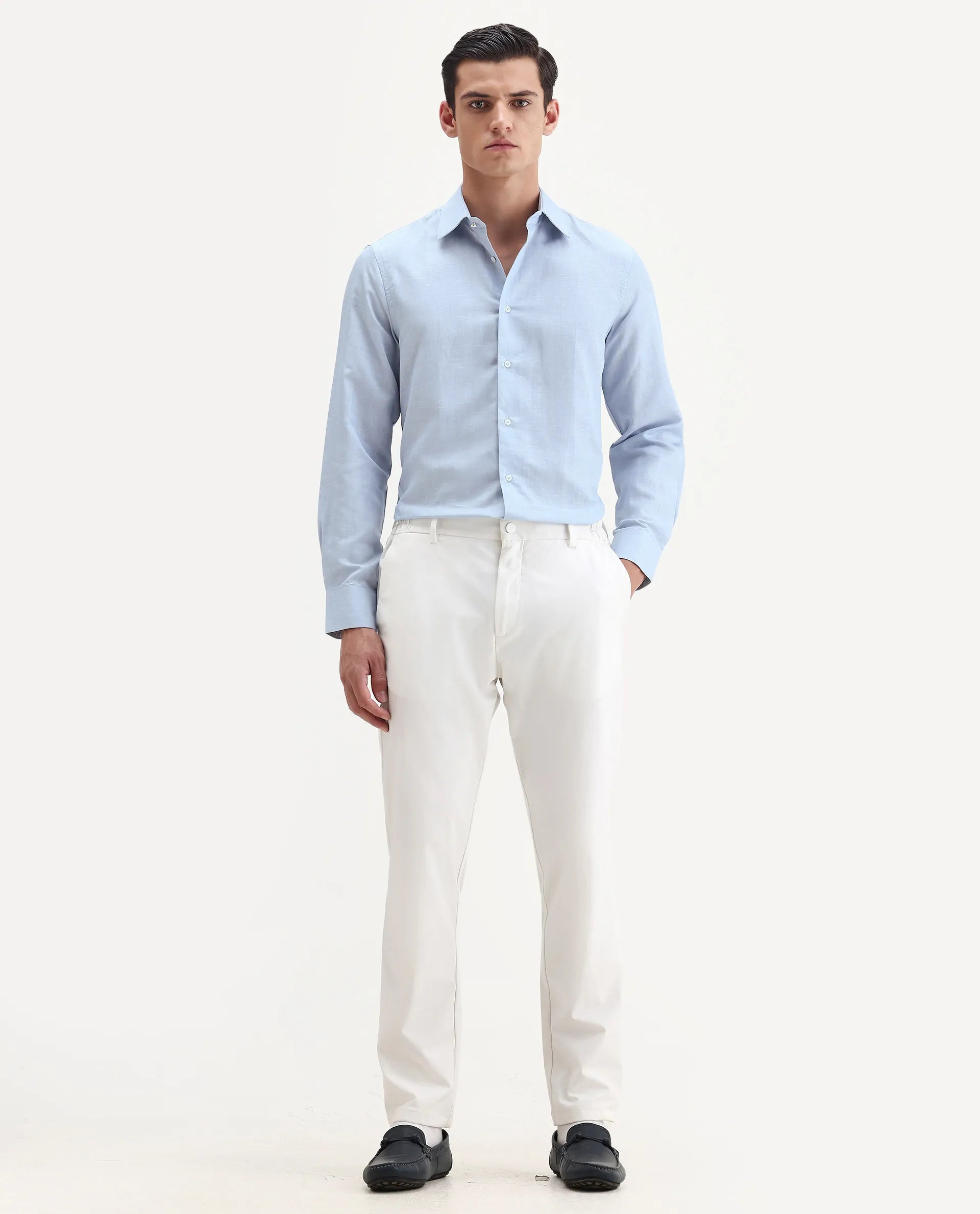 Rare Rabbit Men's Commas Light Blue Linen Blend Plain Regular Fit Full Sleeve Collared Shirt