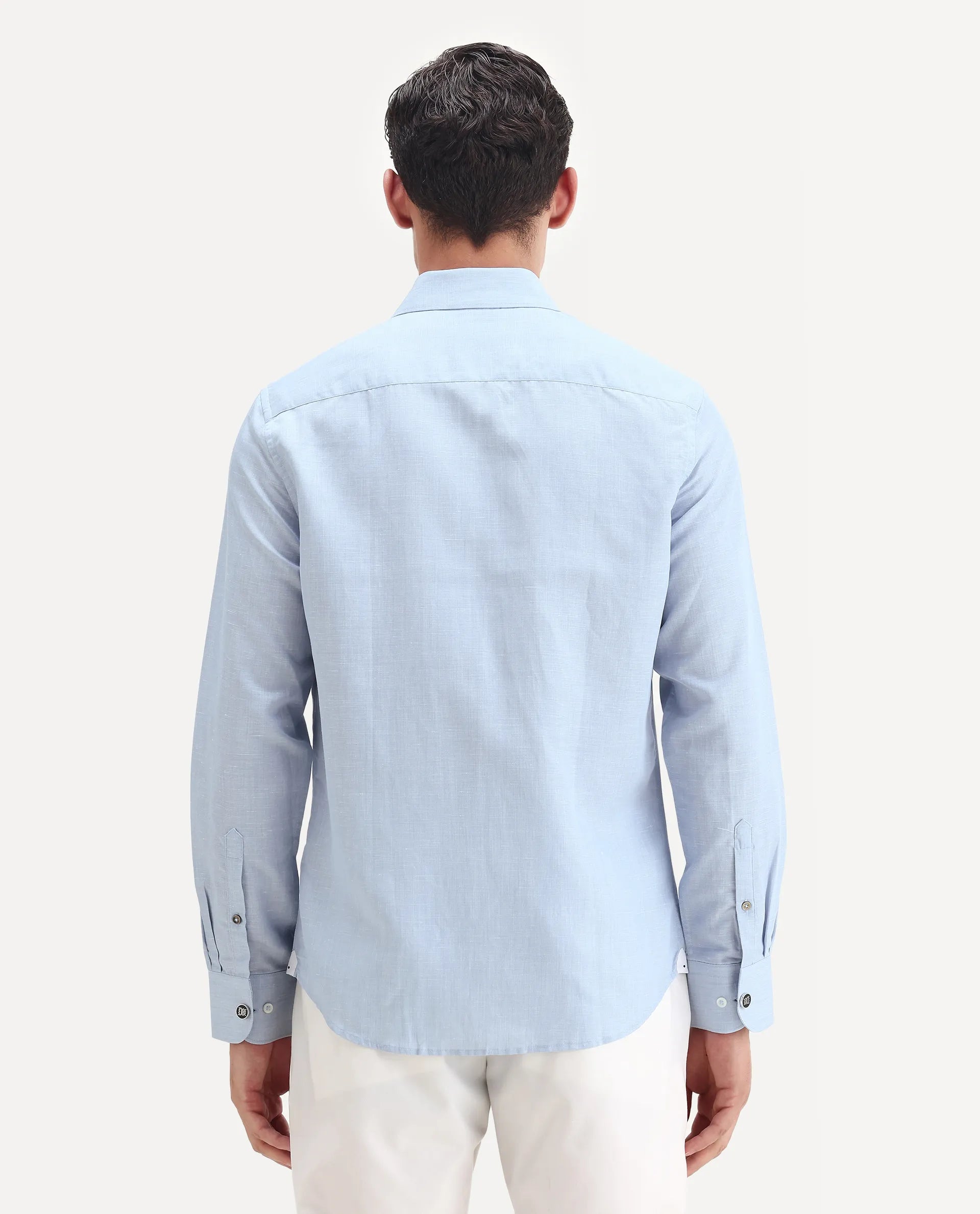 Rare Rabbit Men's Commas Light Blue Linen Blend Plain Regular Fit Full Sleeve Collared Shirt