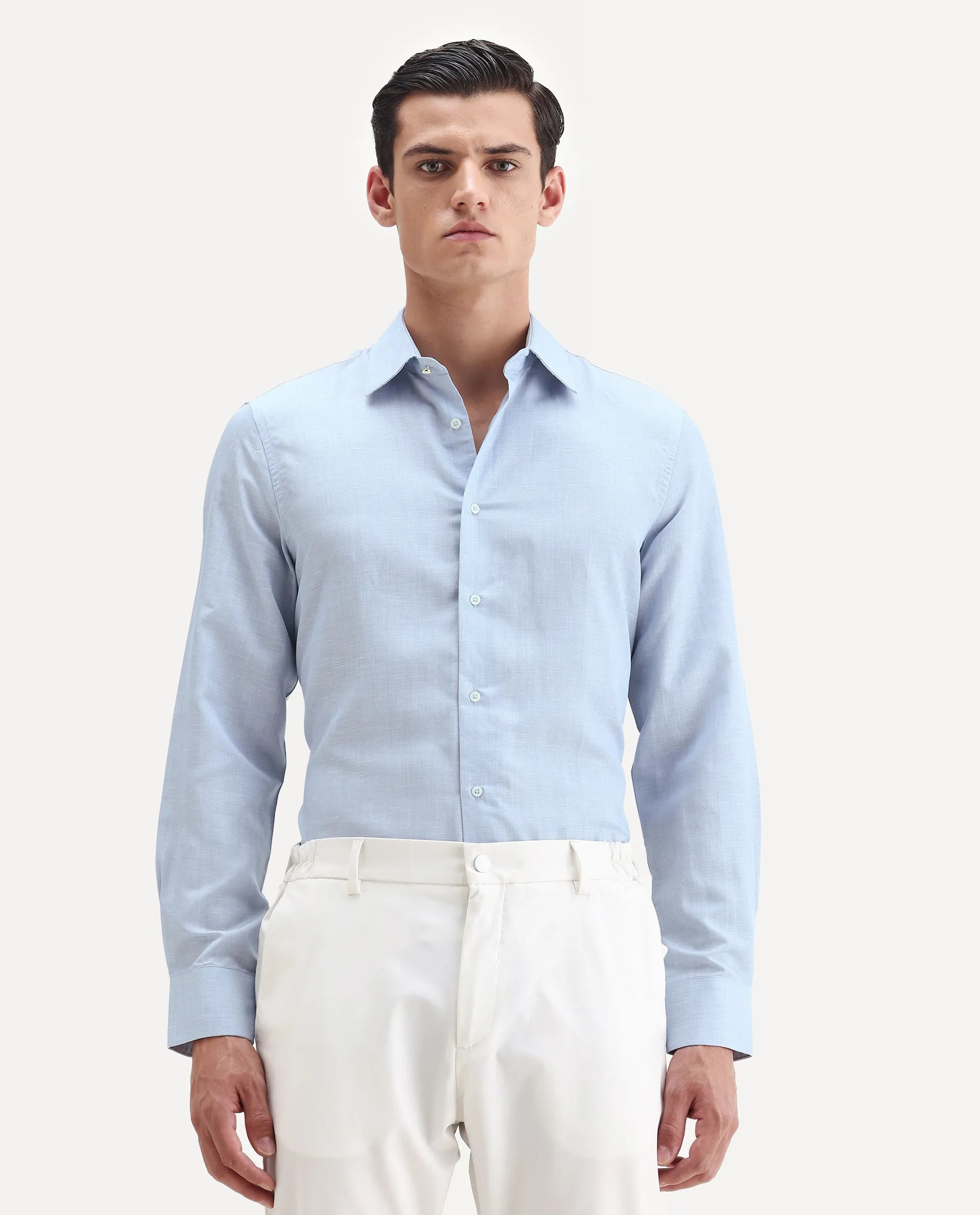 Rare Rabbit Men's Commas Light Blue Linen Blend Plain Regular Fit Full Sleeve Collared Shirt