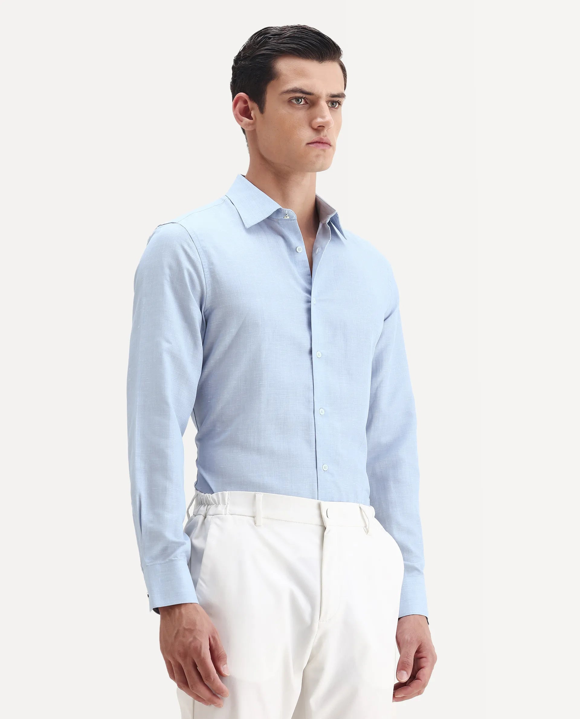 Rare Rabbit Men's Commas Light Blue Linen Blend Plain Regular Fit Full Sleeve Collared Shirt