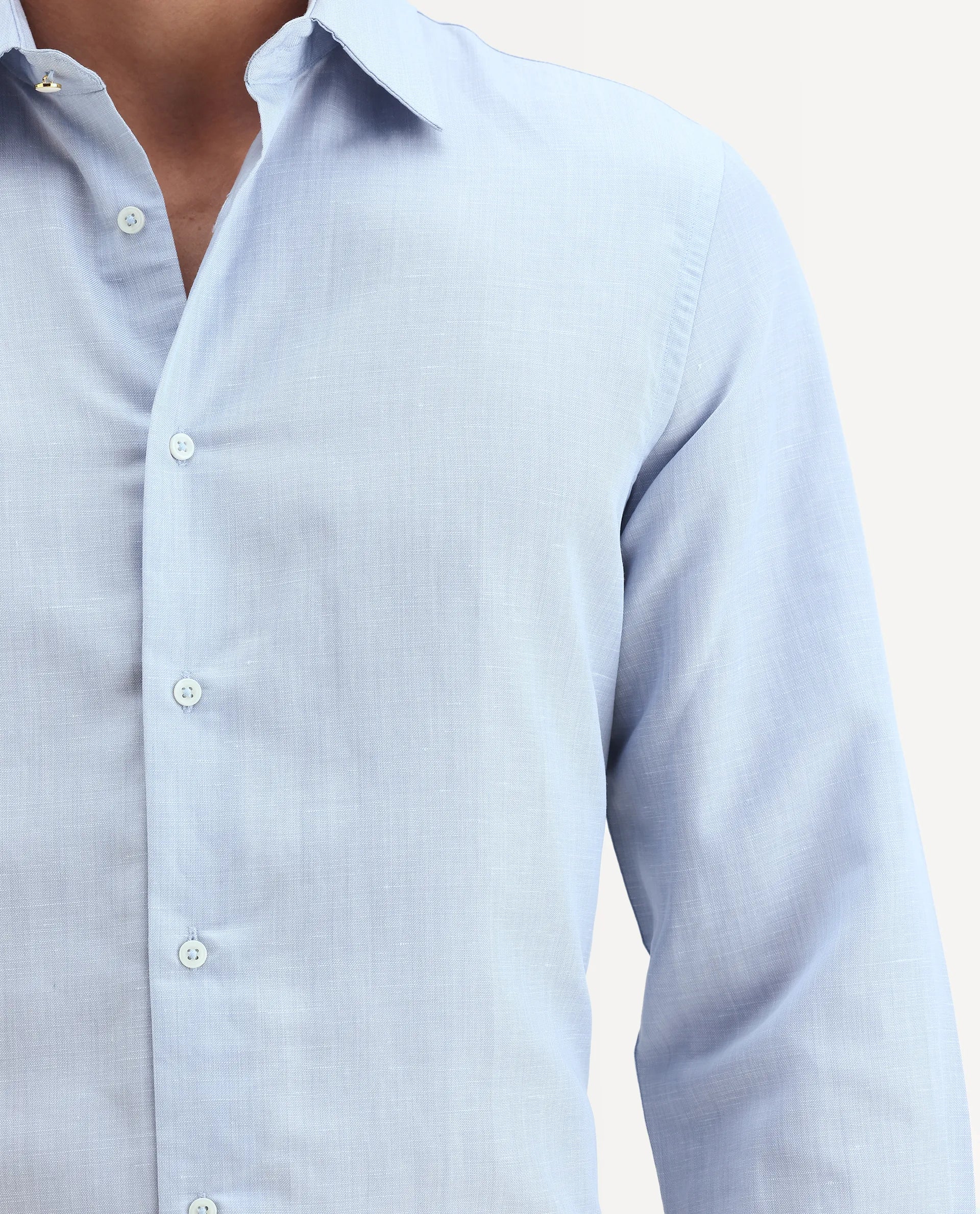 Rare Rabbit Men's Commas Light Blue Linen Blend Plain Regular Fit Full Sleeve Collared Shirt