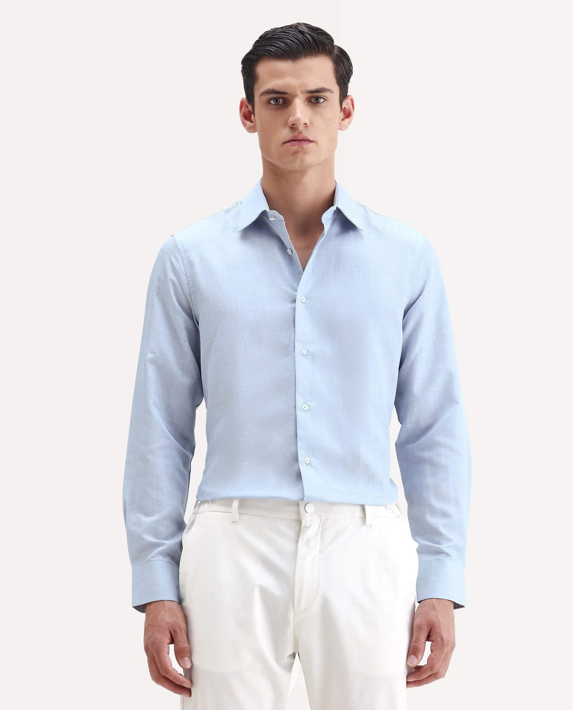 Rare Rabbit Men's Commas Light Blue Linen Blend Plain Regular Fit Full Sleeve Collared Shirt