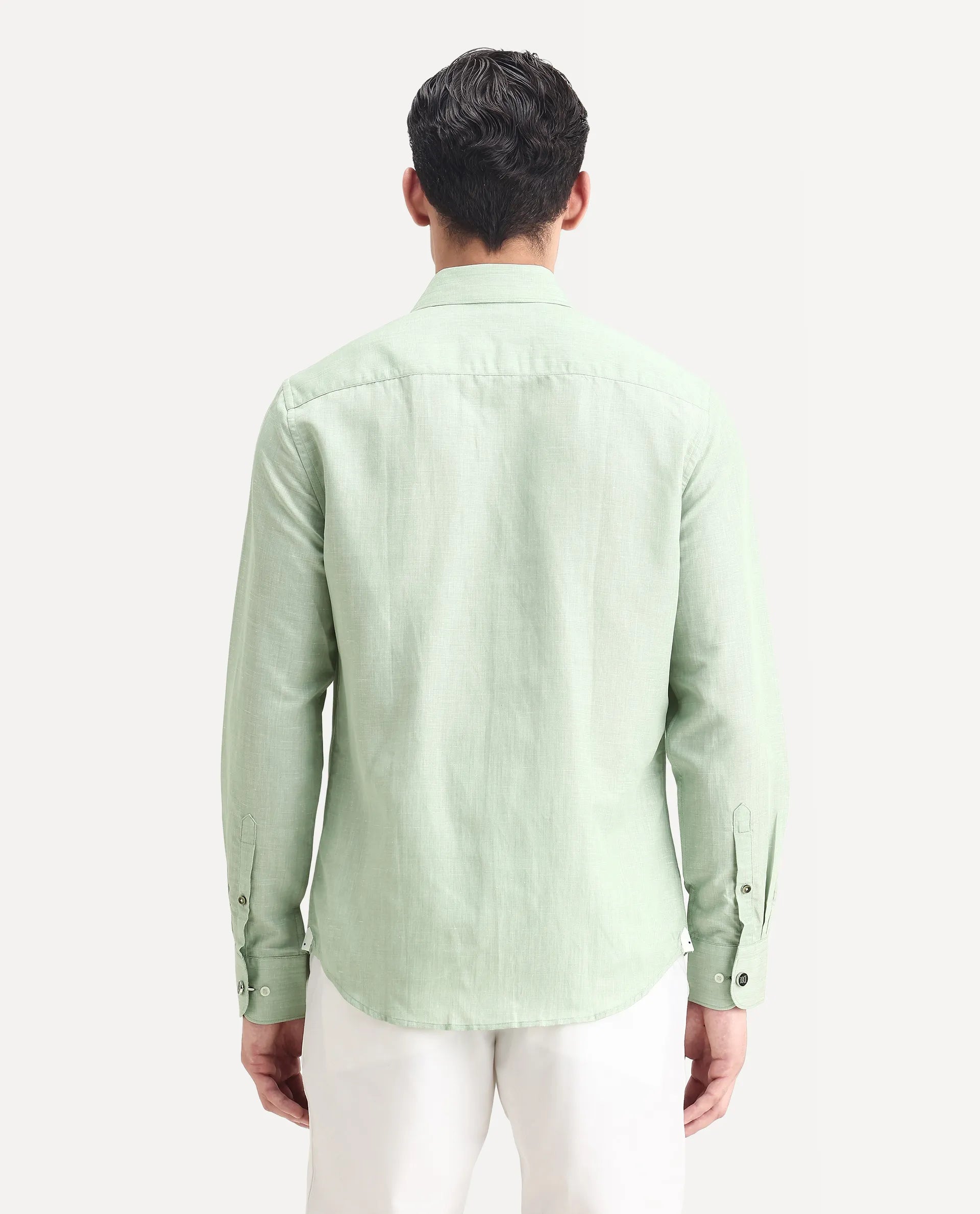 Rare Rabbit Men's Commas Light Green Linen Blend Plain Regular Fit Full Sleeve Collared Shirt