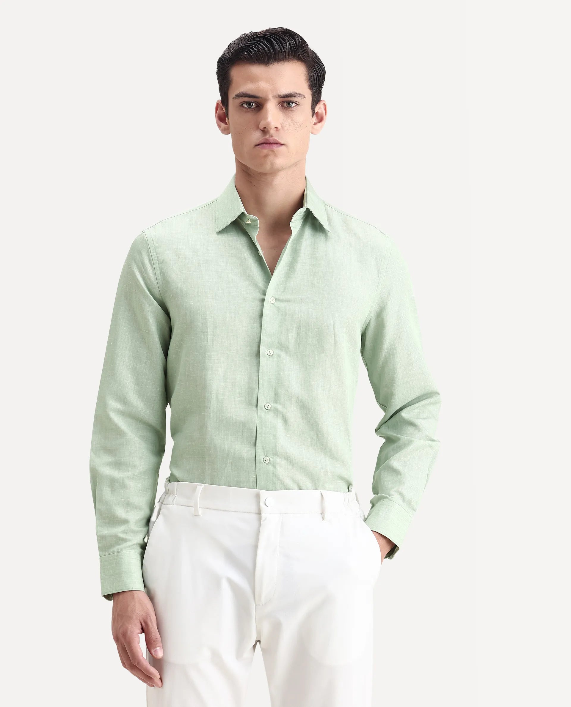 Rare Rabbit Men's Commas Light Green Linen Blend Plain Regular Fit Full Sleeve Collared Shirt