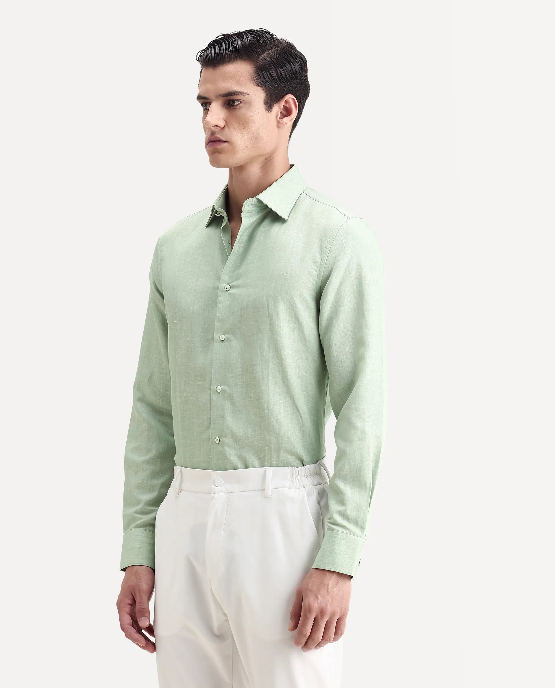 Rare Rabbit Men's Commas Light Green Linen Blend Plain Regular Fit Full Sleeve Collared Shirt