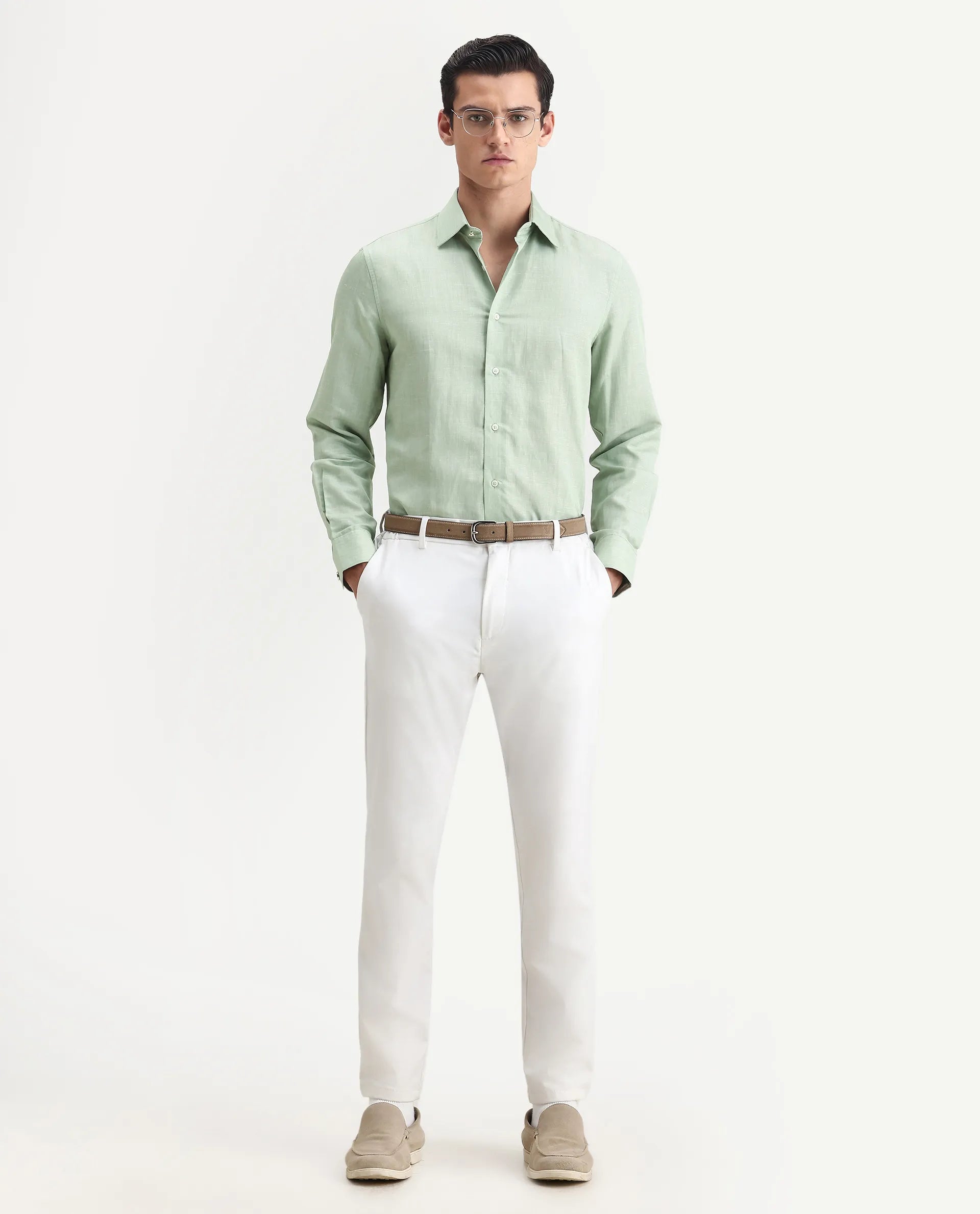 Rare Rabbit Men's Commas Light Green Linen Blend Plain Regular Fit Full Sleeve Collared Shirt