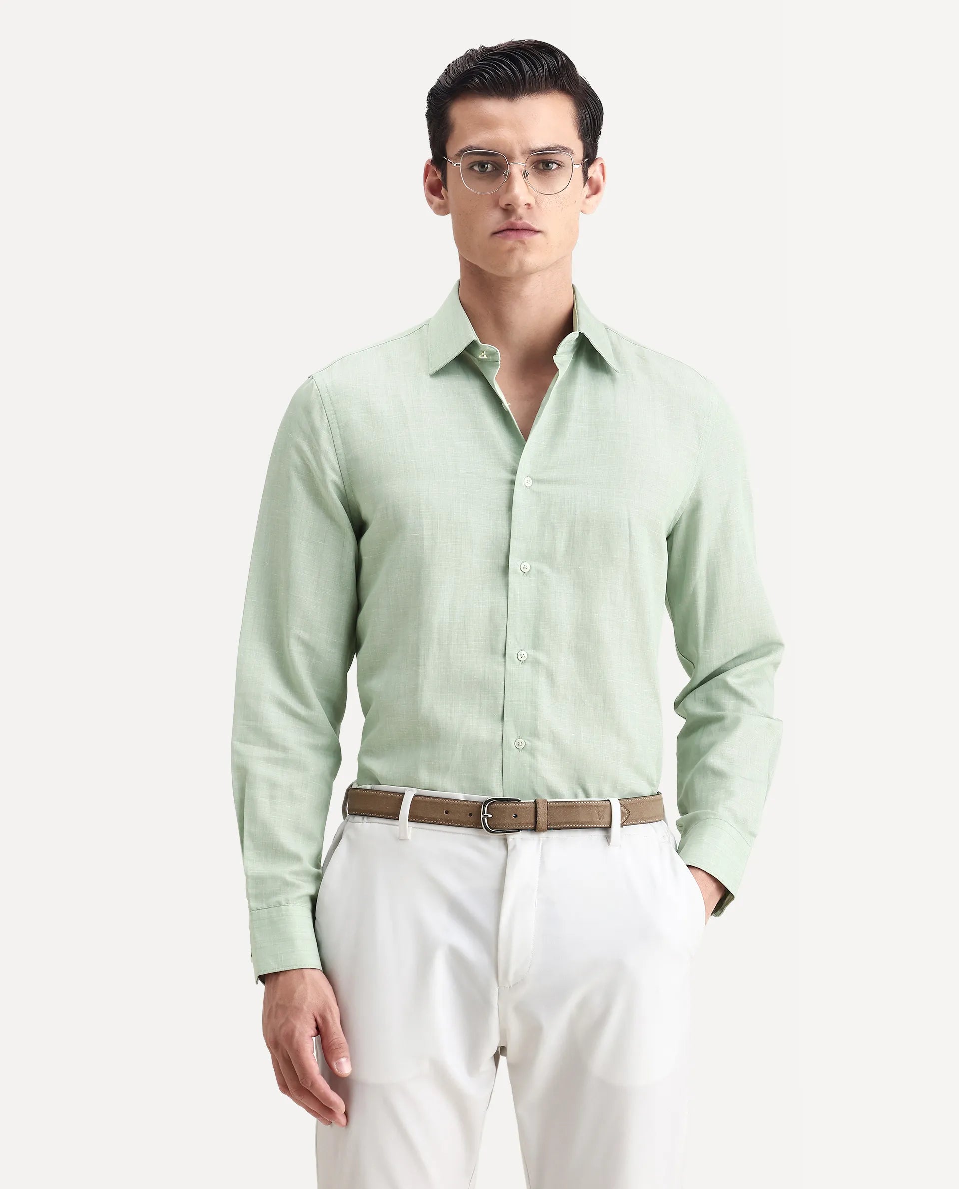 Rare Rabbit Men's Commas Light Green Linen Blend Plain Regular Fit Full Sleeve Collared Shirt