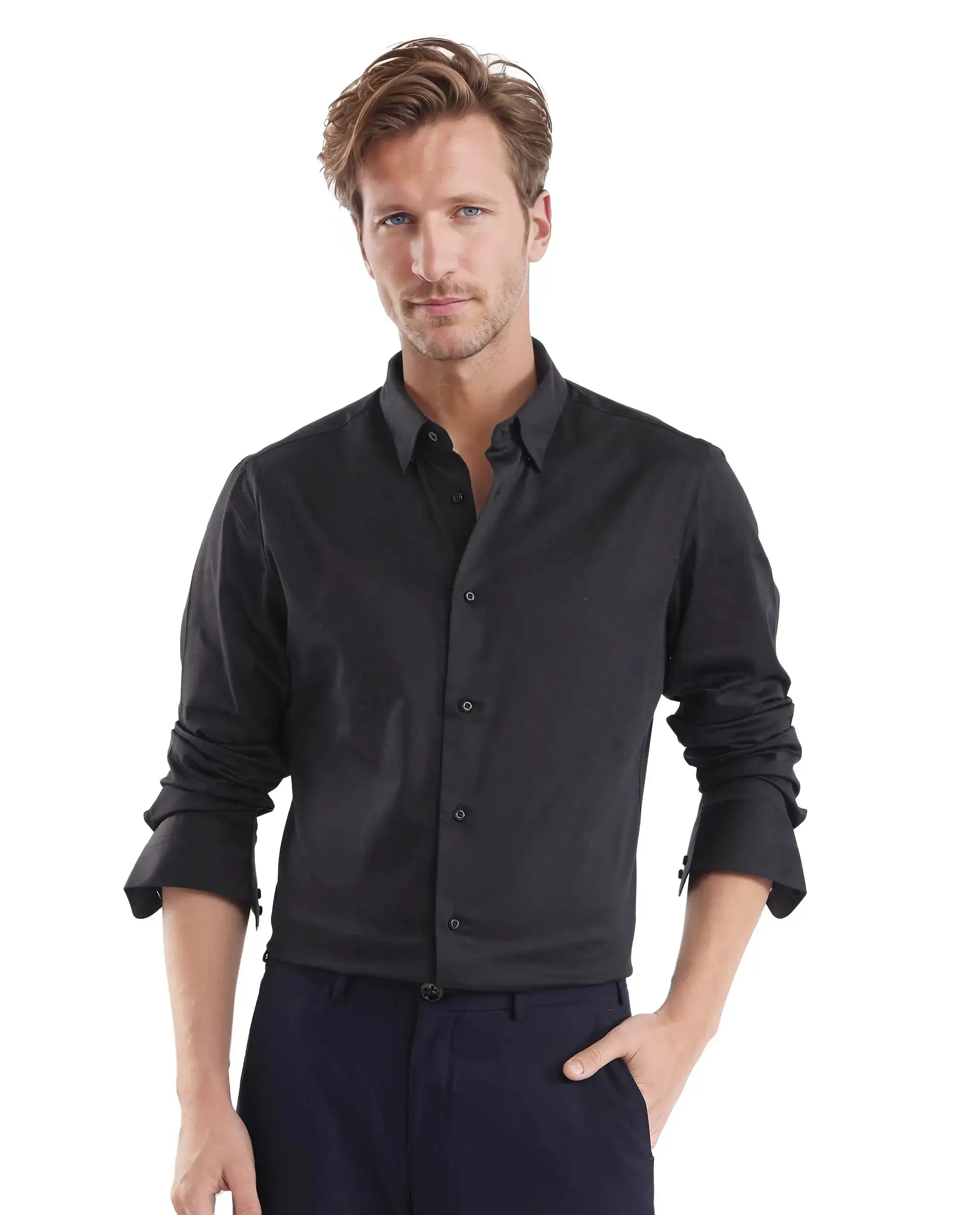 Rare Rabbit Men's Como Black Satin Fabric Button Down Collar Full Sleeves Solid Formal Shirt